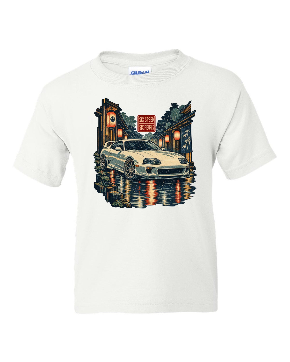 Ukiyo-e woodblock scene of a Toyota Supra A80 JZA80 in lantern rain with six speed six figures text white kids tee front view with the design