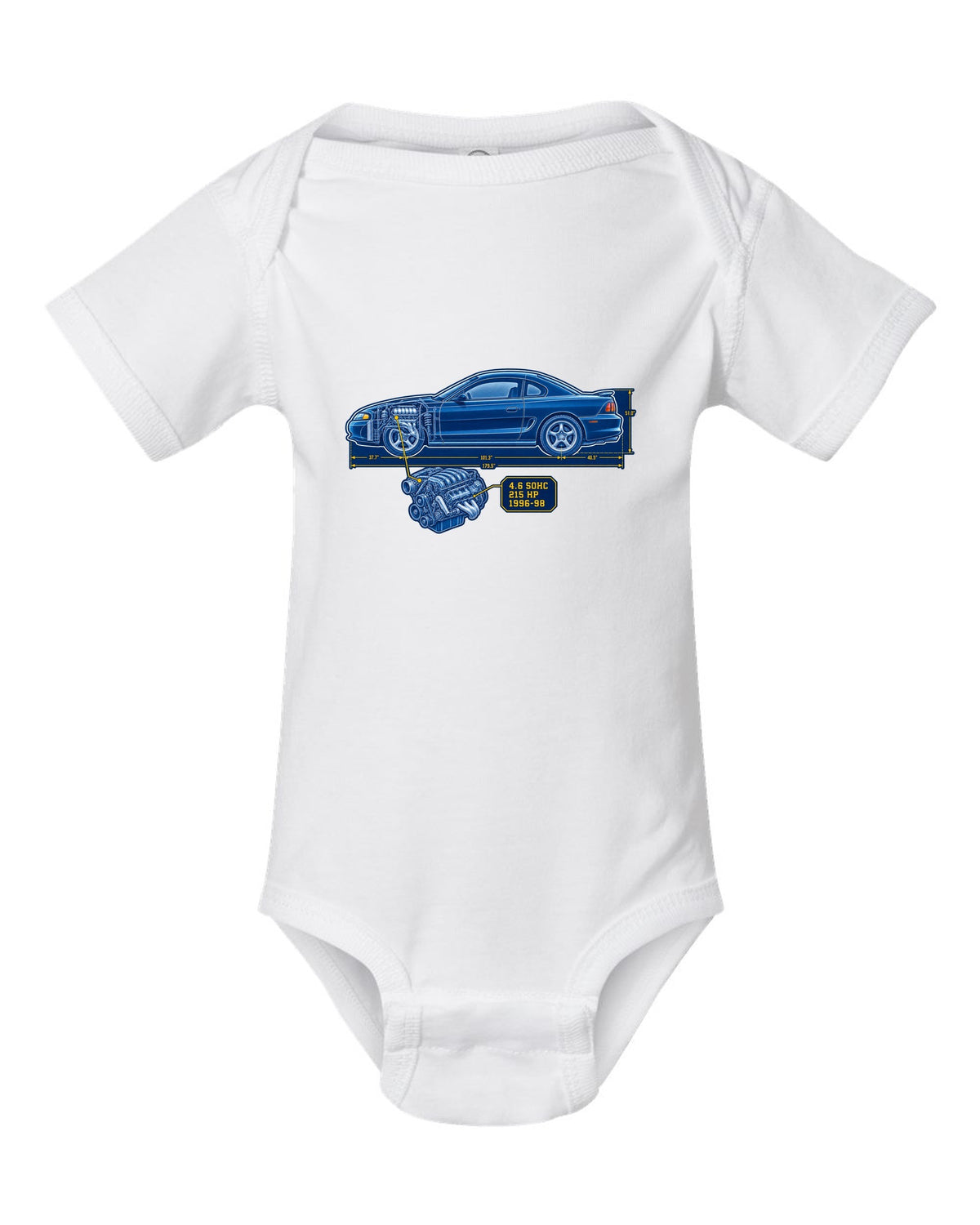 Cyanotype blueprint print of a 1994-98 Ford Mustang SN95 coupe white baby onesie front view with the design