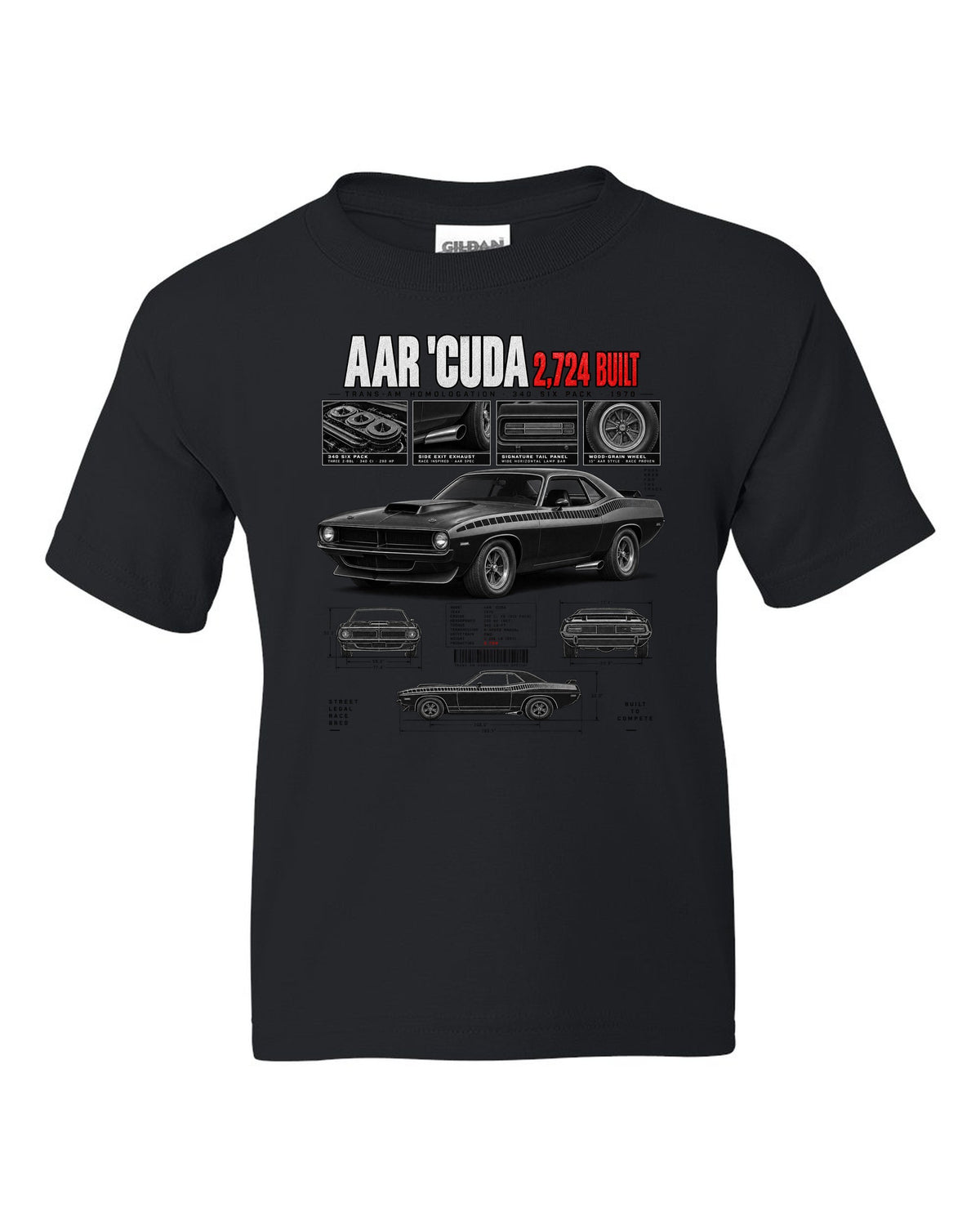 1970 Plymouth AAR Cuda E-body Dossier, 2,724 Built Tee black kids tee front view with the design