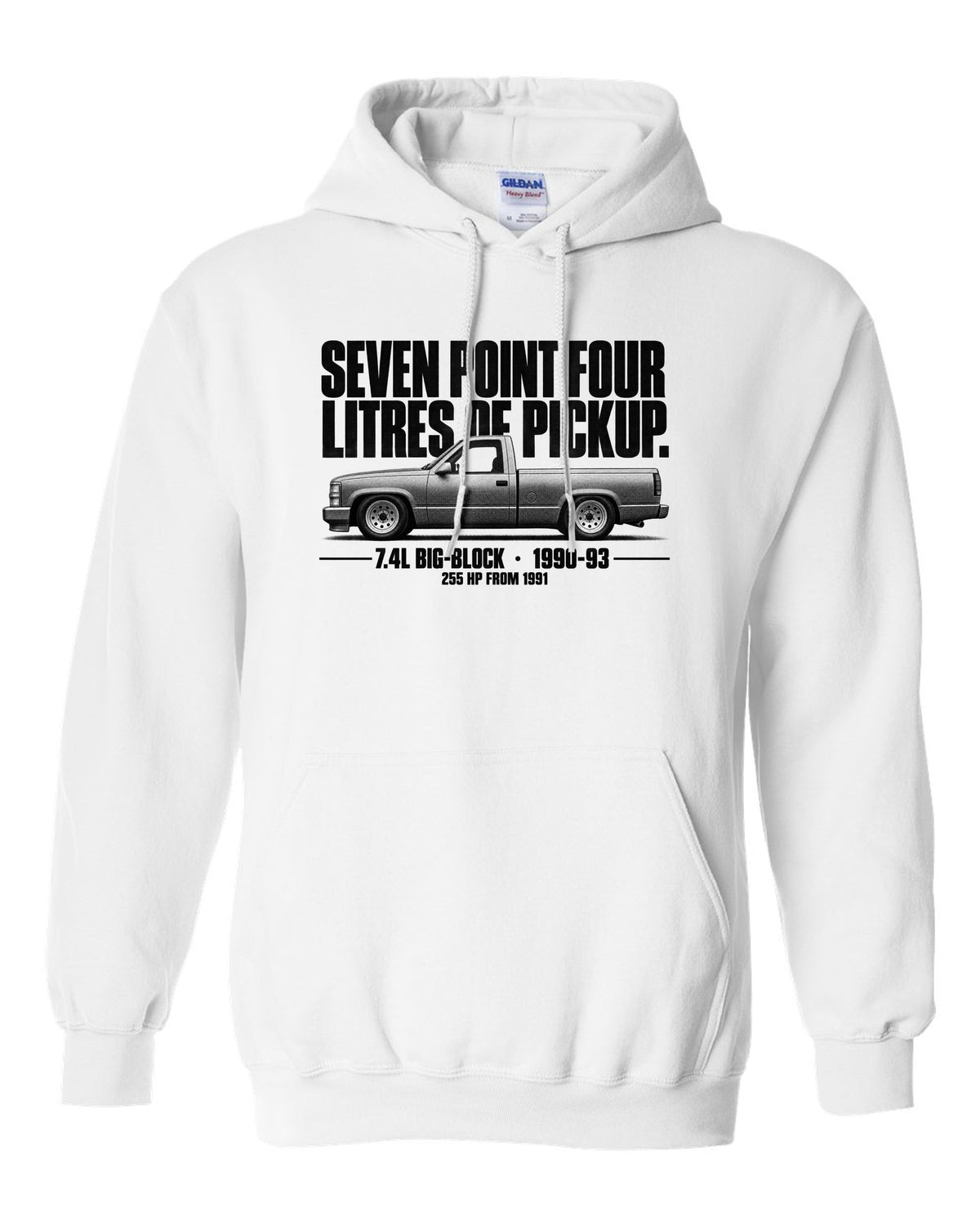 Chevy 454 SS Pickup Halftone Profile white pull over hoodie front view with the design