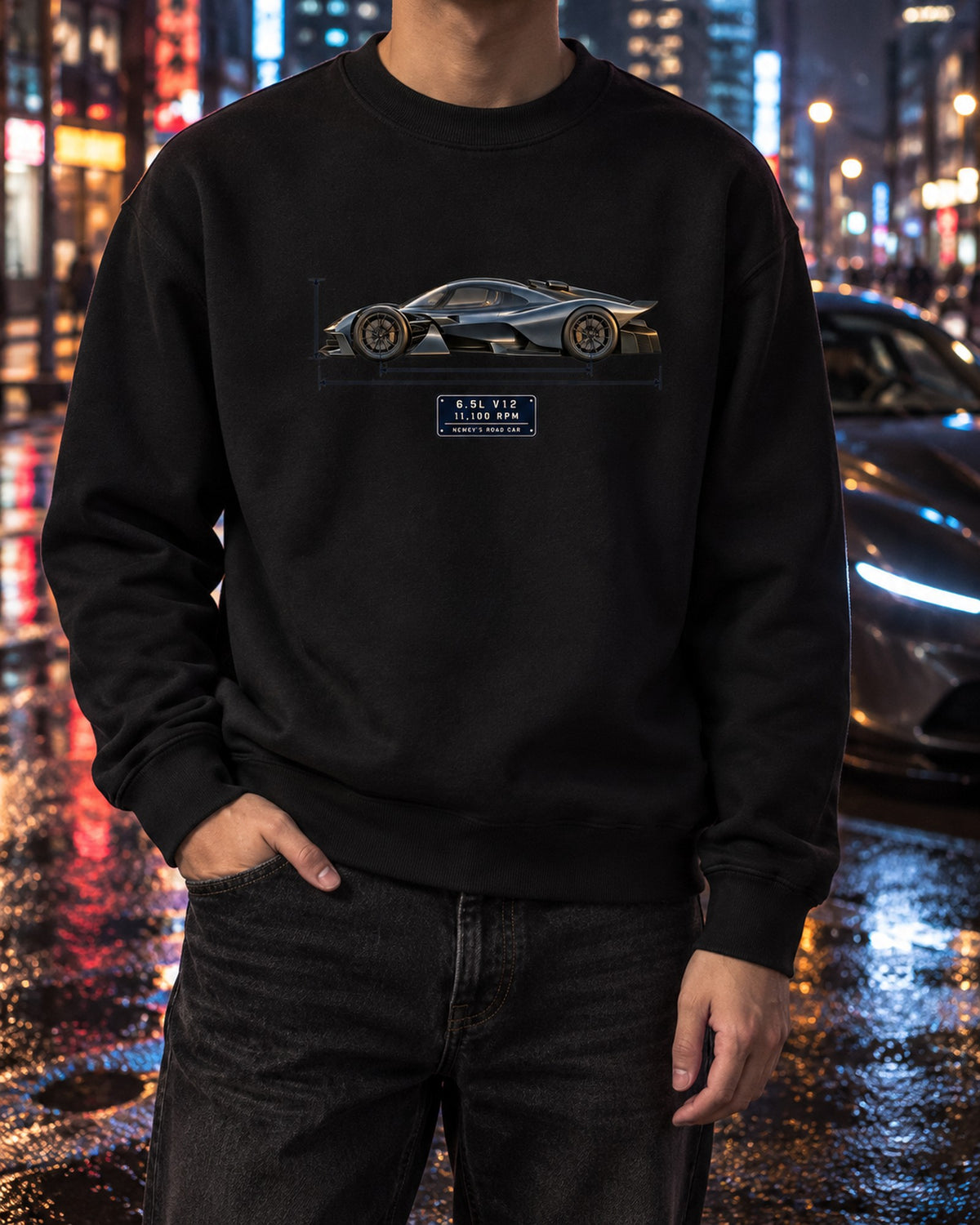 Aston Martin Valkyrie 2021 Blueprint Shirt, 6.5 V12 Car Guy Gift Crewneck Black worn hero