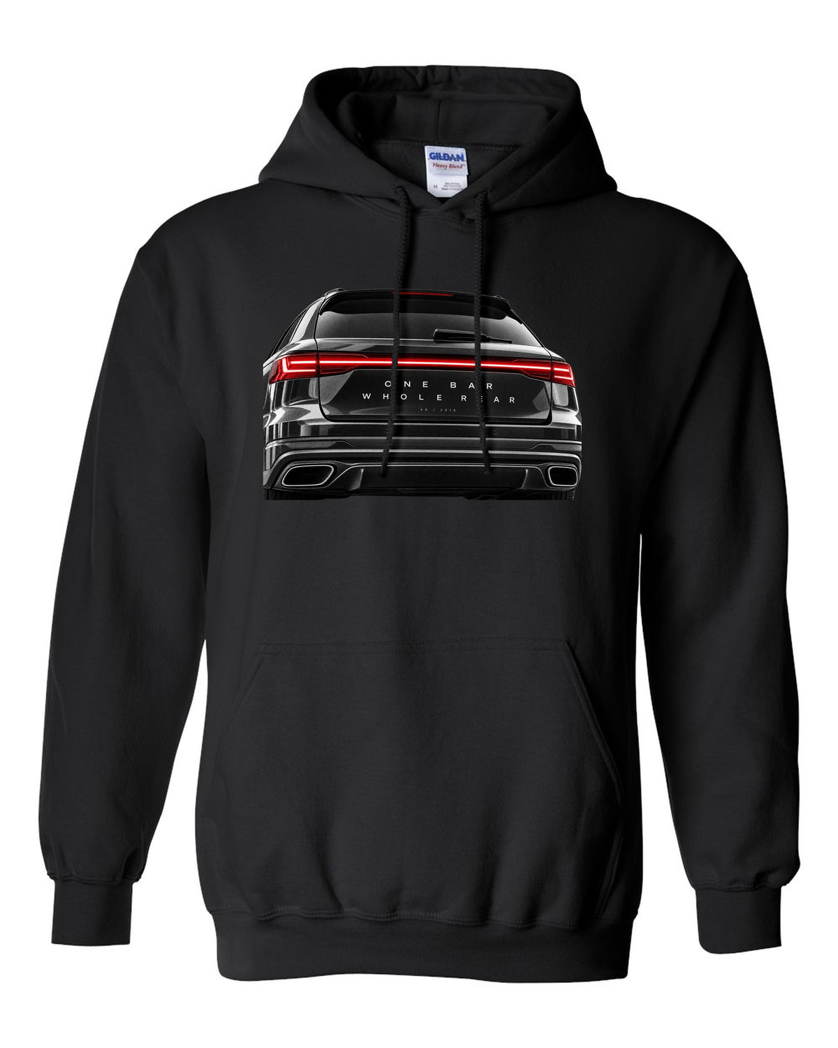 Taillight macro print of the Audi RS6 Avant C8 rear light bar black pull over hoodie front view with the design