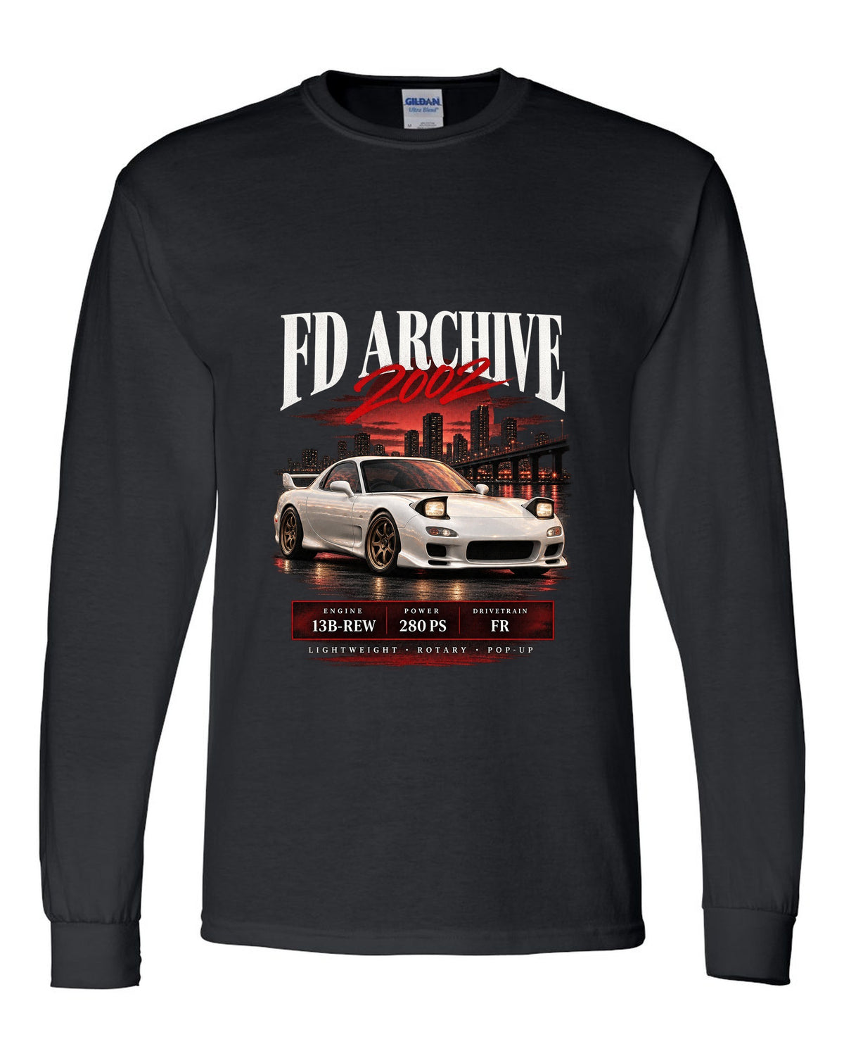 Archive panel print of the Mazda RX-7 FD3S Spirit R 2002 with spec lettering black long sleeve front view with the design
