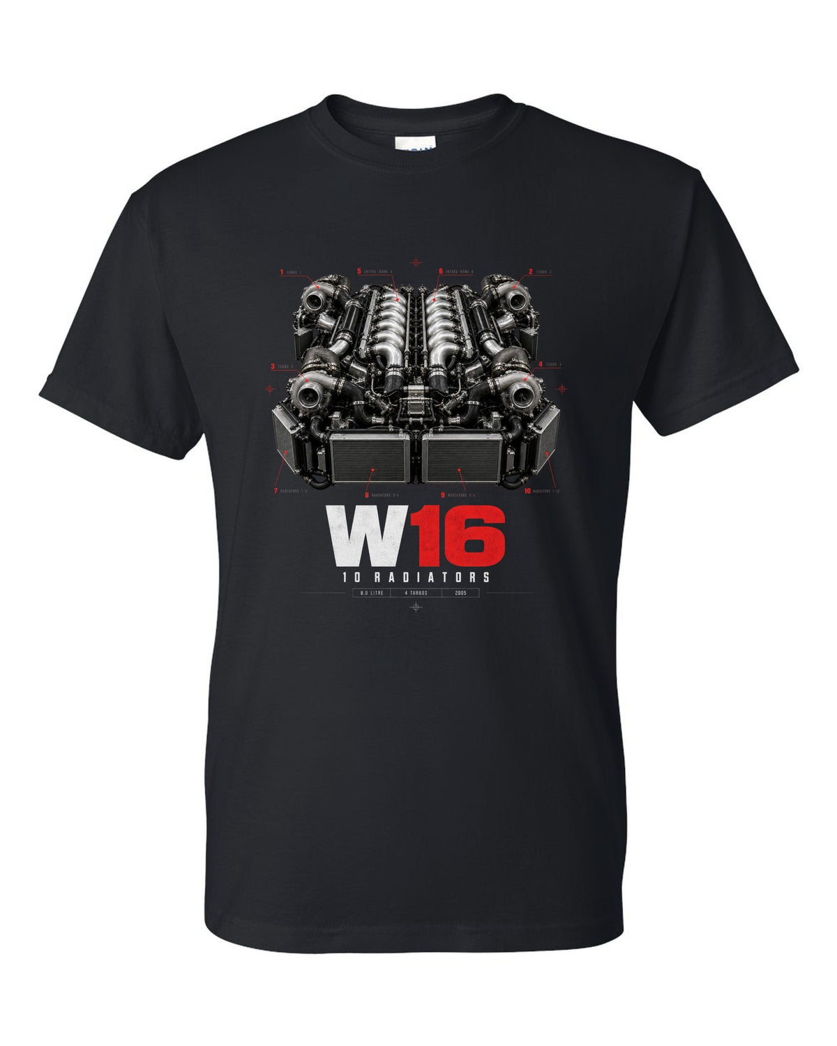 Bugatti Veyron 16.4 W16 engine poster with ten radiators black t-shirt front view with the design