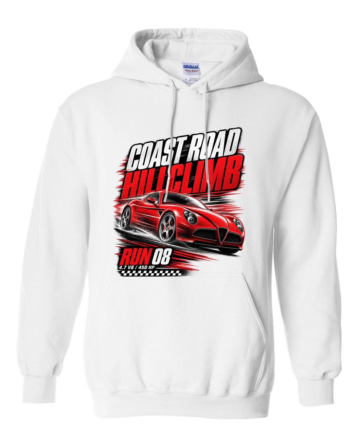Hillclimb race poster print of an Alfa Romeo 8C Competizione with coast road and 4.7 V8 text white pull over hoodie front view with the design