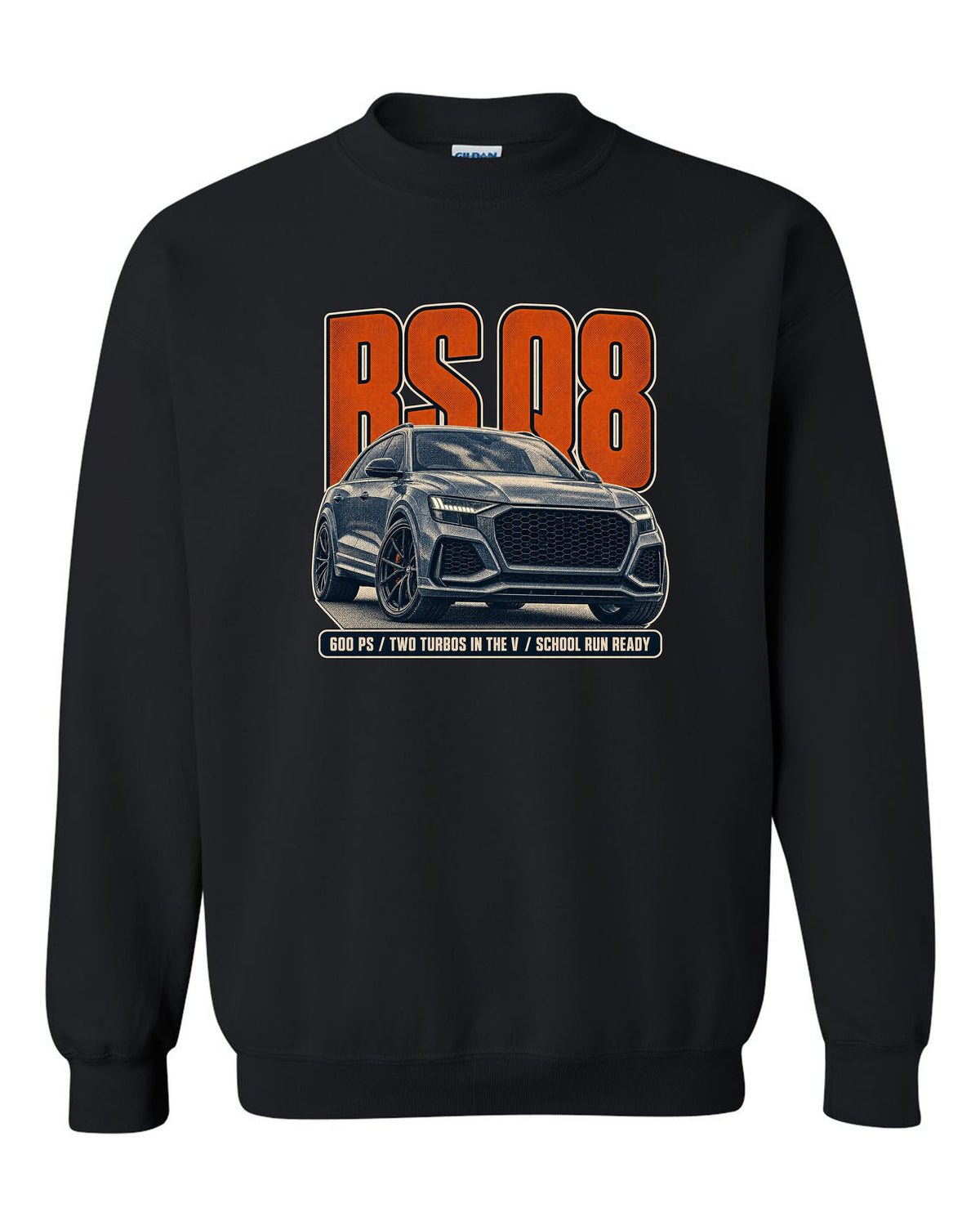 Audi RS Q8 halftone statement print with 600 PS text black crewneck front view with the design