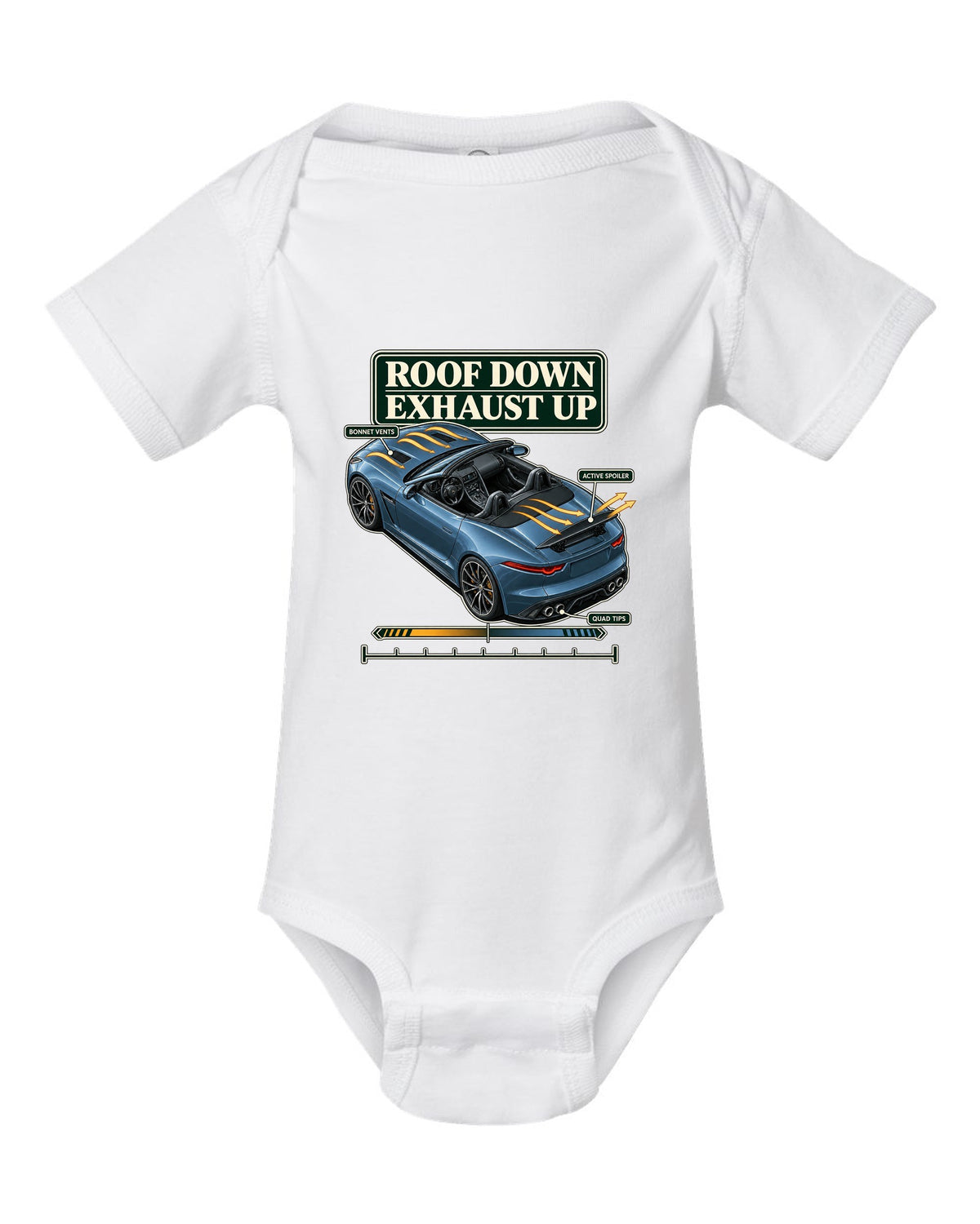Aero cutaway callout print of the Jaguar F-Type R Convertible with roof down exhaust up text white baby onesie front view with the design