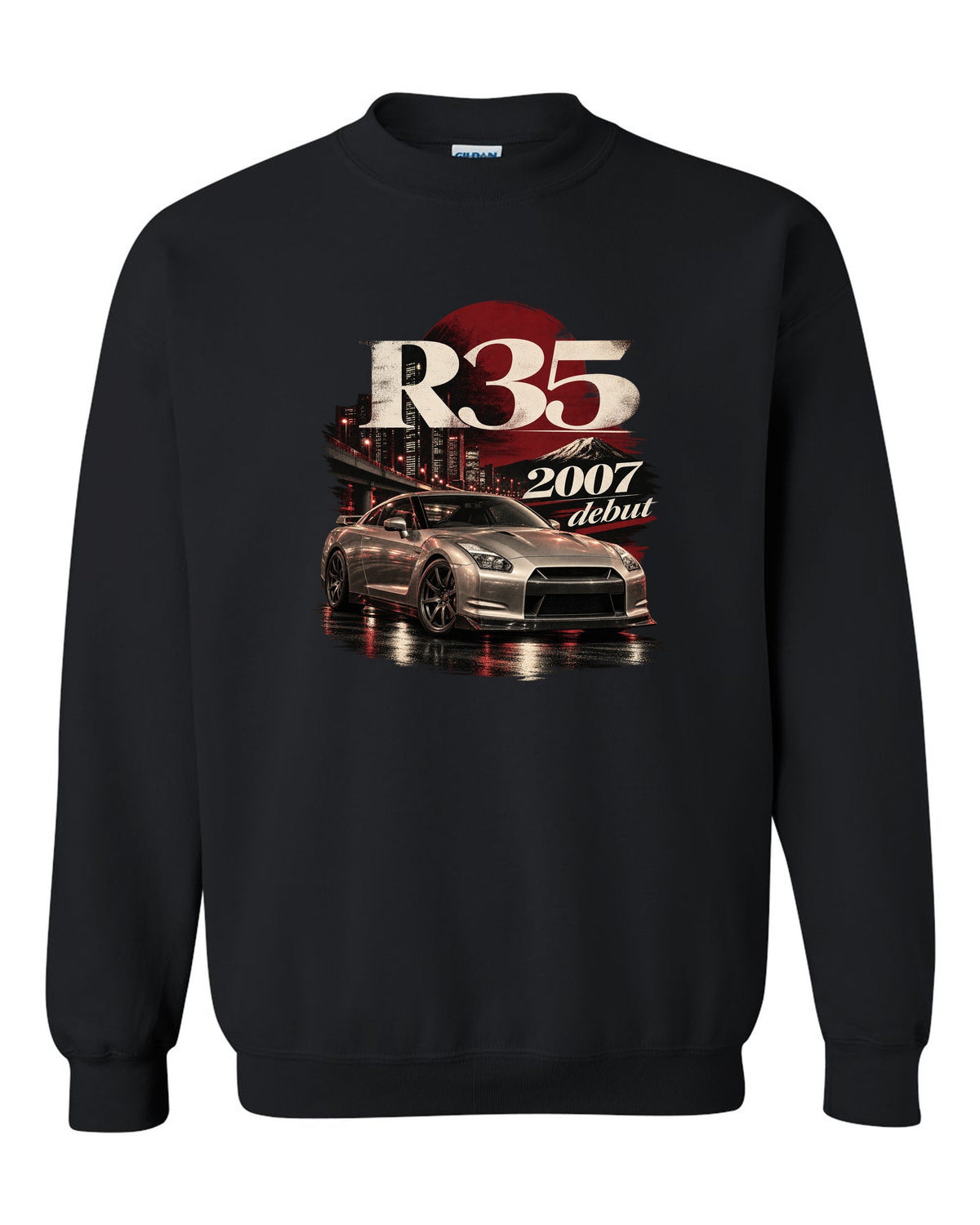 Nissan GT-R R35 2007 debut shape in warm silver on an archive panel black crewneck front view with the design