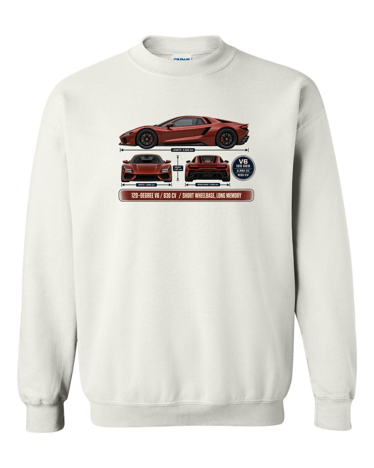 print three-view drawing with spec table of a Ferrari 296 GTB in brick red white crewneck front view with the design