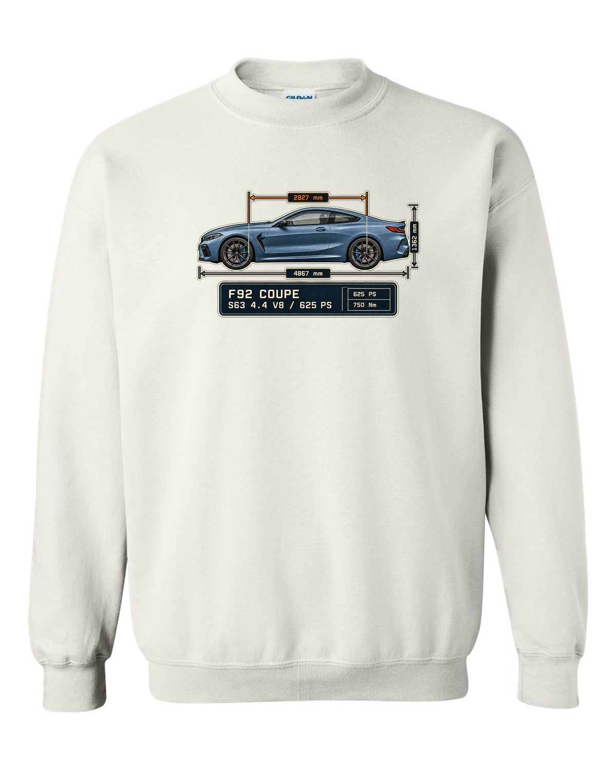BMW M8 Competition Coupe F92 dimension blueprint print on a tee white crewneck front view with the design