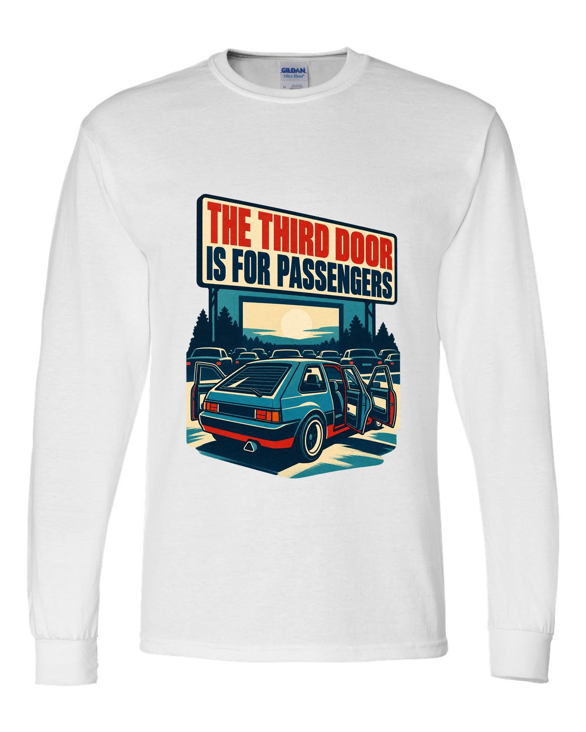 1960s litho race poster print of a Hyundai Veloster N JS with third door text white long sleeve front view with the design