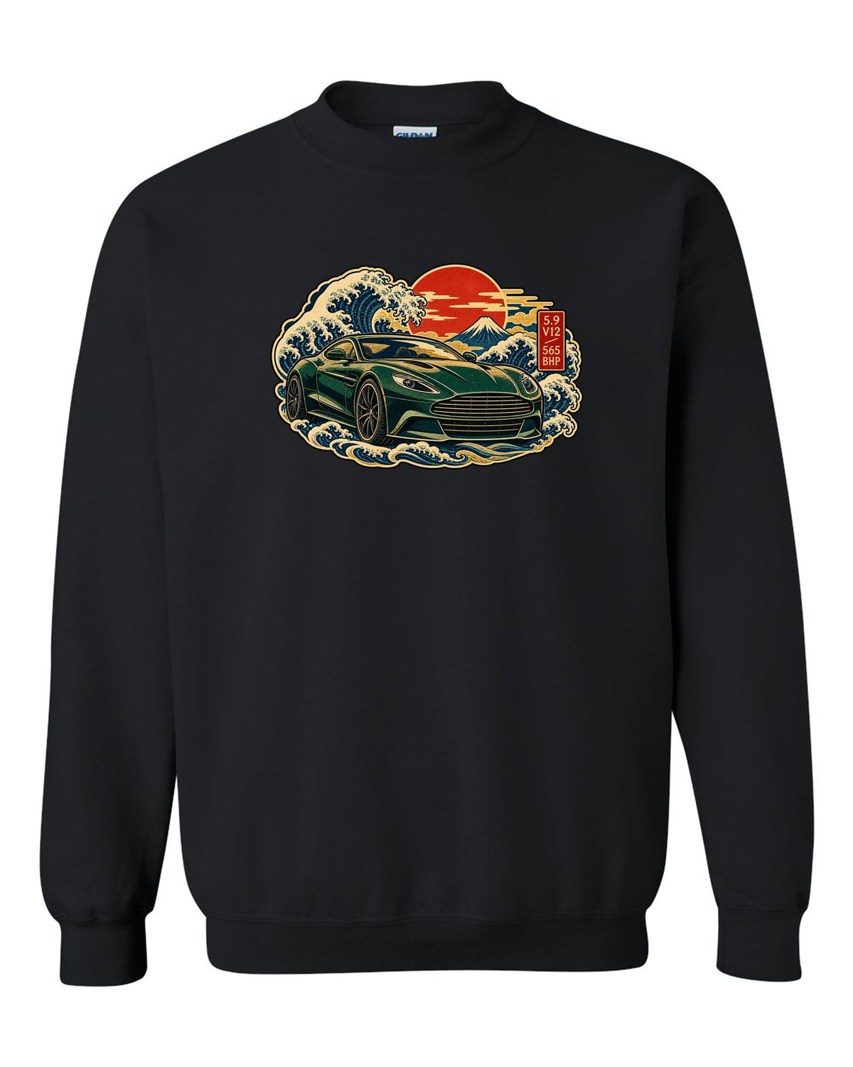 Aston Martin Vanquish ukiyo-e woodblock wave with 5.9 V12 565 BHP lettering black crewneck front view with the design
