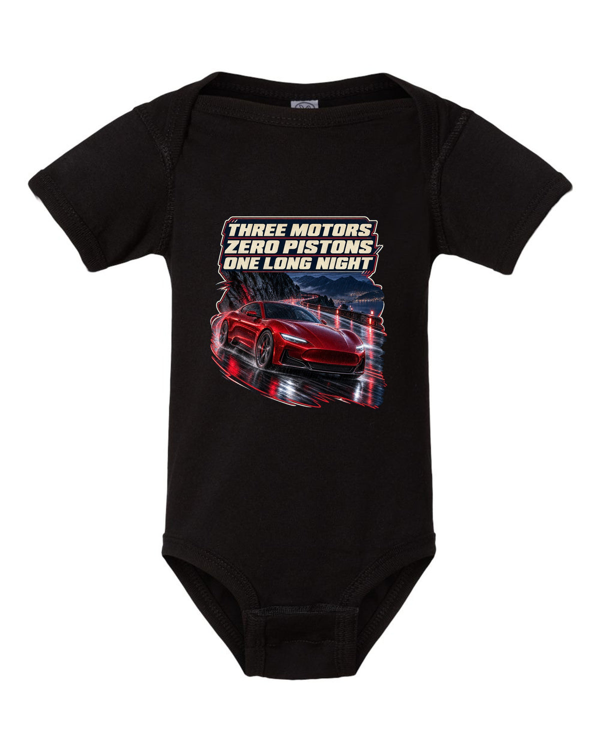 Maserati GranTurismo Folgore night street print black baby onesie front view with the design