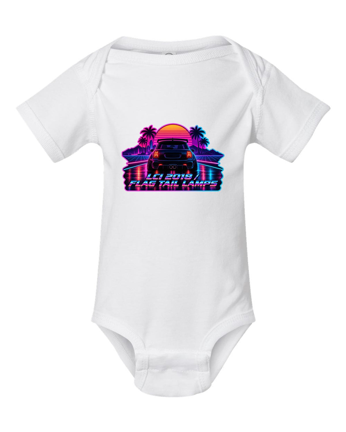Synthwave outrun artwork of a Mini Cooper JCW F56 LCI with flag tail lamps white baby onesie front view with the design