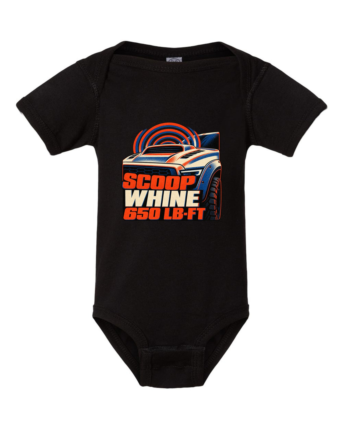 Risograph print of a 2021-2024 Ram 1500 TRX with scoop whine 650 lb-ft text black baby onesie front view with the design