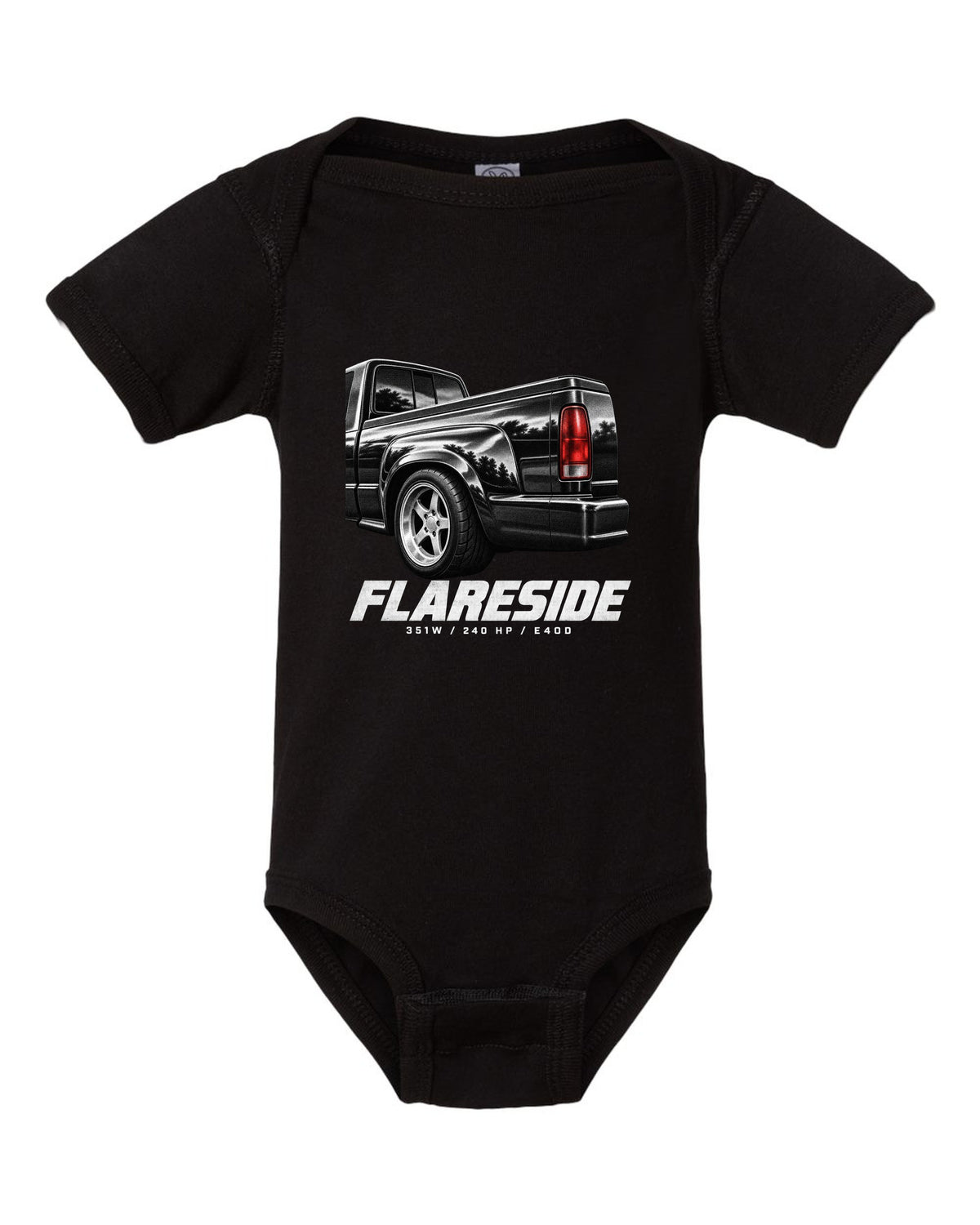 Ford F-150 SVT Lightning 1993-95 flareside taillight macro print with 351W and 240 HP black baby onesie front view with the design