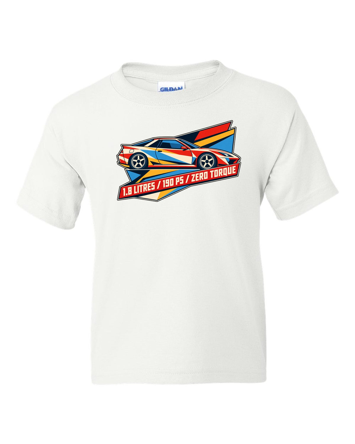 Geometric origami constructivist poster of the Toyota Celica ZZT231 with 190 PS text white kids tee front view with the design