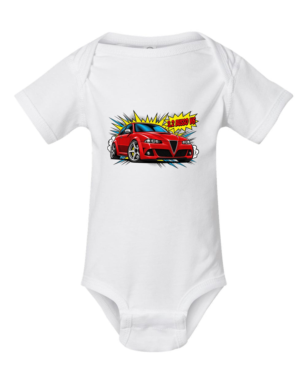 Comic halftone pop-art illustration of an Alfa Romeo 147 GTA with 3.2 Busso V6 text white baby onesie front view with the design