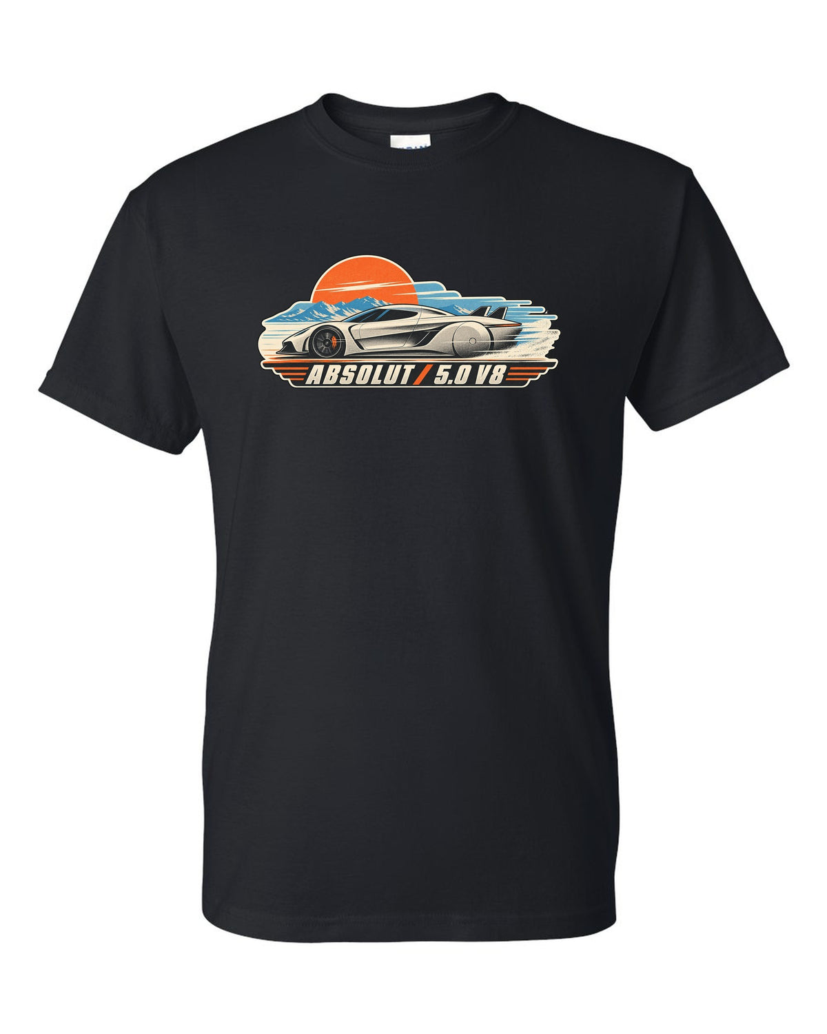 Vintage race poster illustration of the Koenigsegg Jesko Absolut with ABSOLUT 5.0 V8 lettering black t-shirt front view with the design