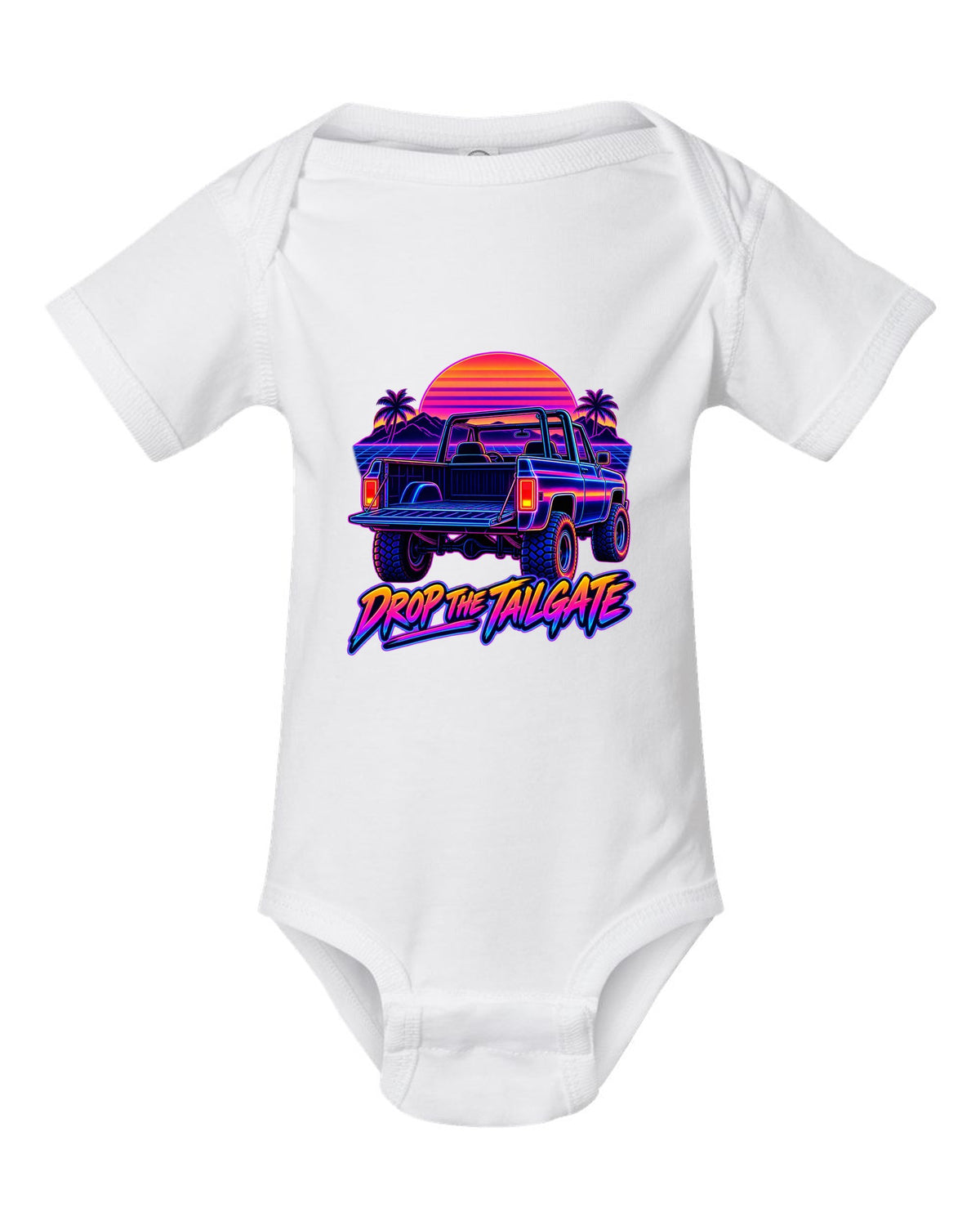 Neon synthwave line art of a 1973-1991 Chevrolet K5 Blazer tailgate with DROP THE TAILGATE text white baby onesie front view with the design