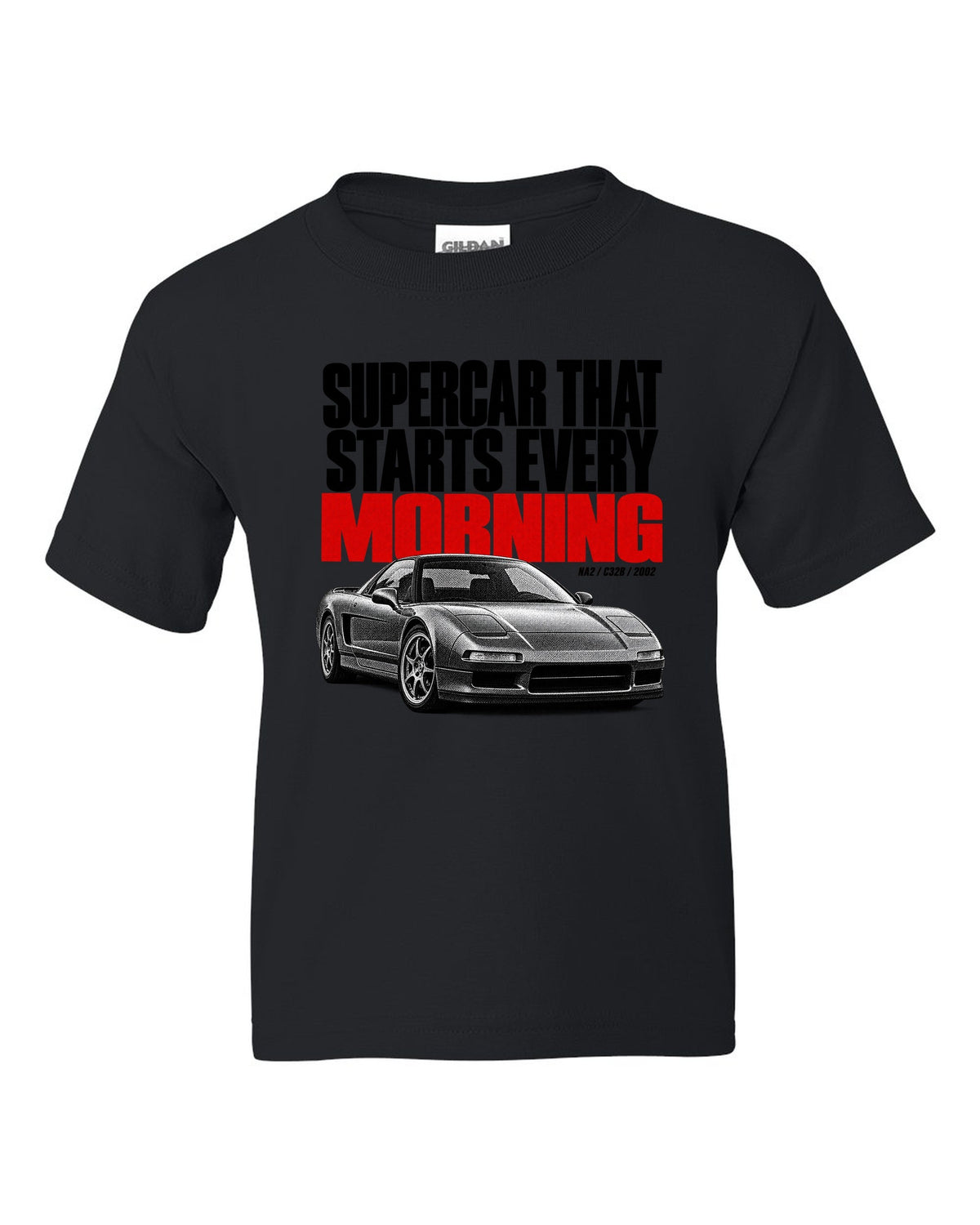 Honda NSX NA2 halftone statement design with supercar t starts every morning text black kids tee front view with the design