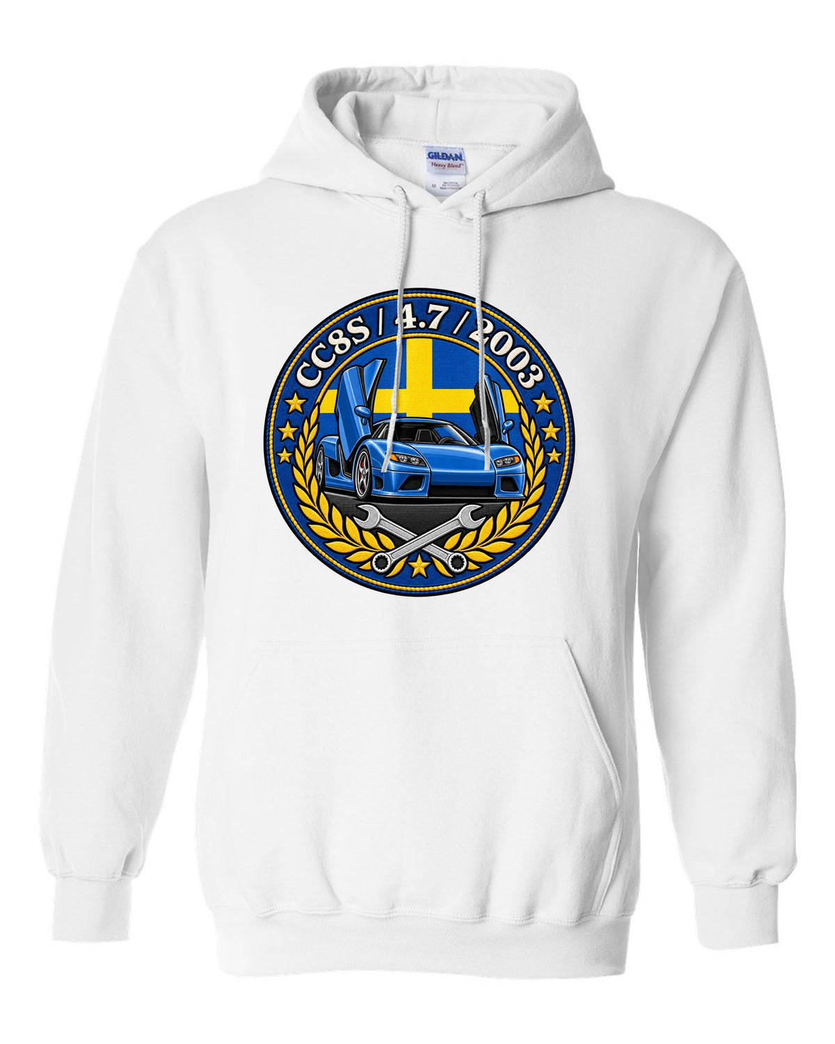 Varsity-style garage crest design for the Koenigsegg CC8S with CC8S 4.7 2003 lettering white pull over hoodie front view with the design