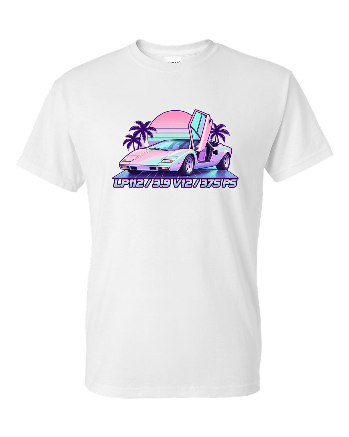 Pastel vaporwave Lamborghini Countach LP400 with LP112, 3.9 V12 and 375 PS lettering white t-shirt front view with the design