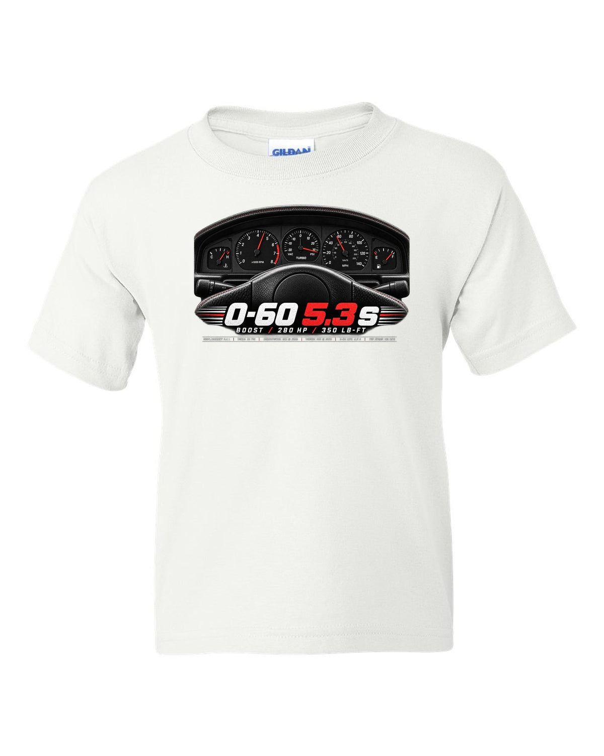 print of a 1991 GMC Syclone gauge cluster crop with boost and speed figures white kids tee front view with the design