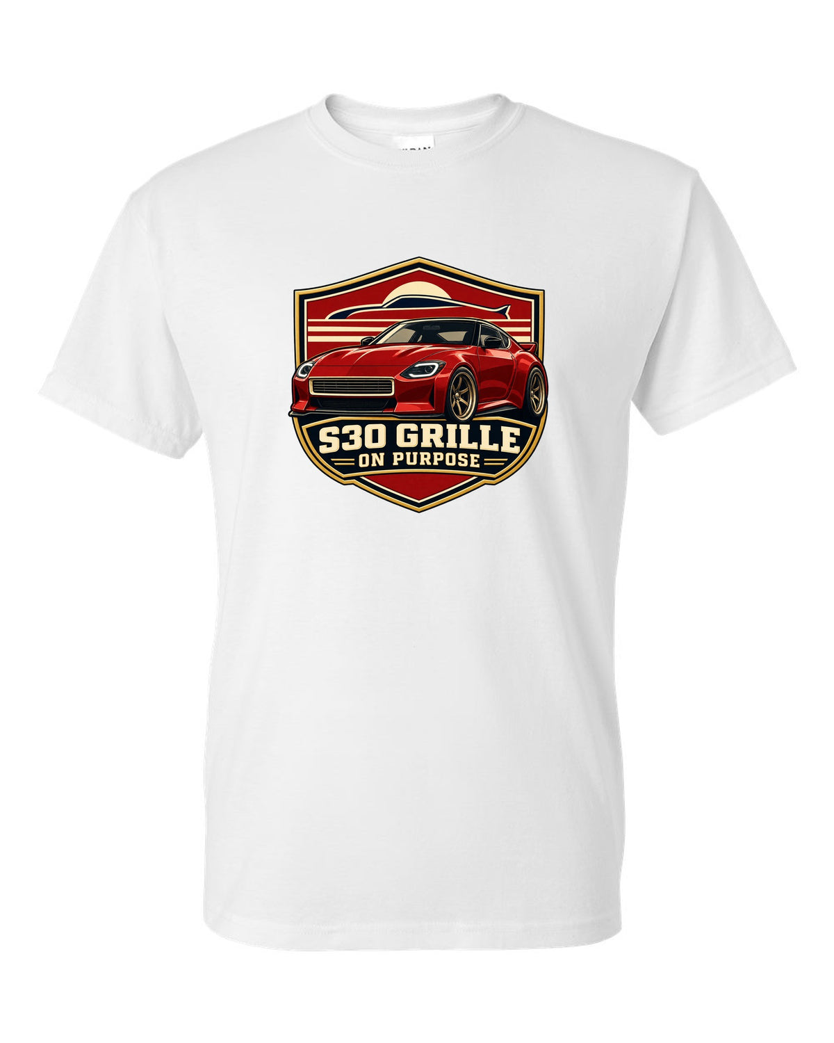 Shield crest print for the Nissan Z RZ34 referencing the S30 grille white t-shirt front view with the design