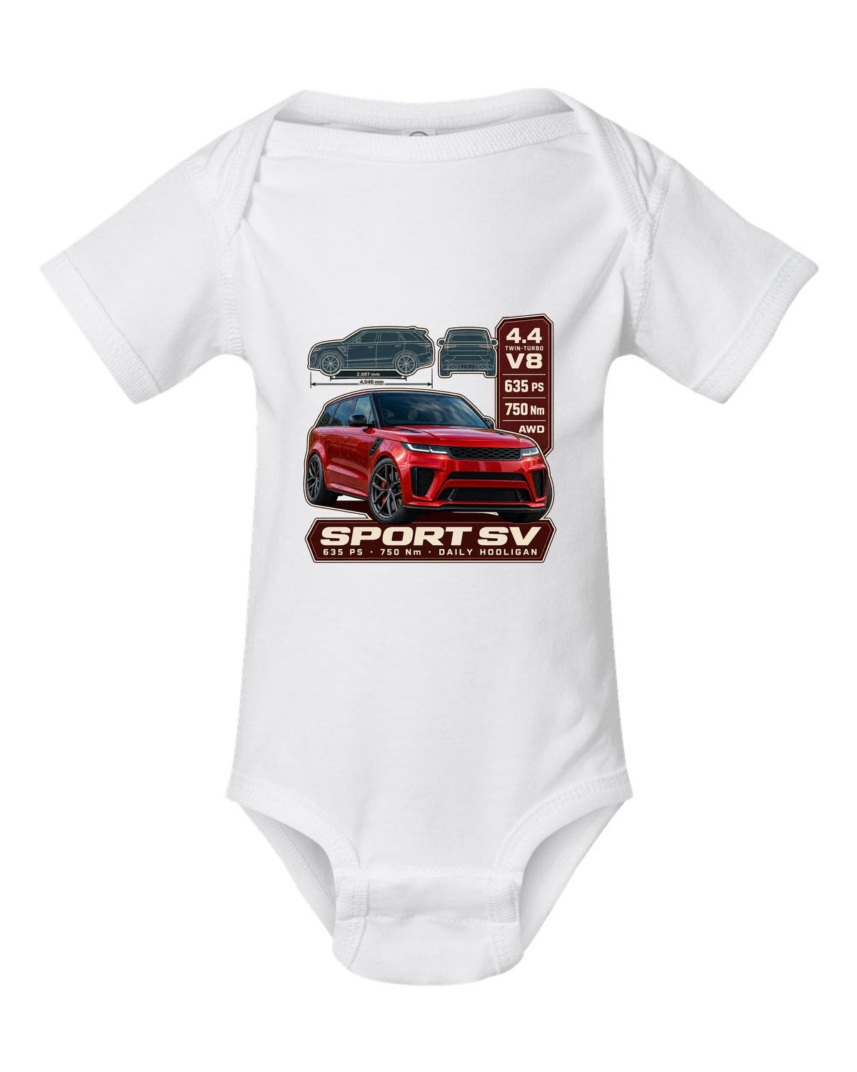 Spec poster print of the Range Rover Sport SV L461 with power and torque white baby onesie front view with the design