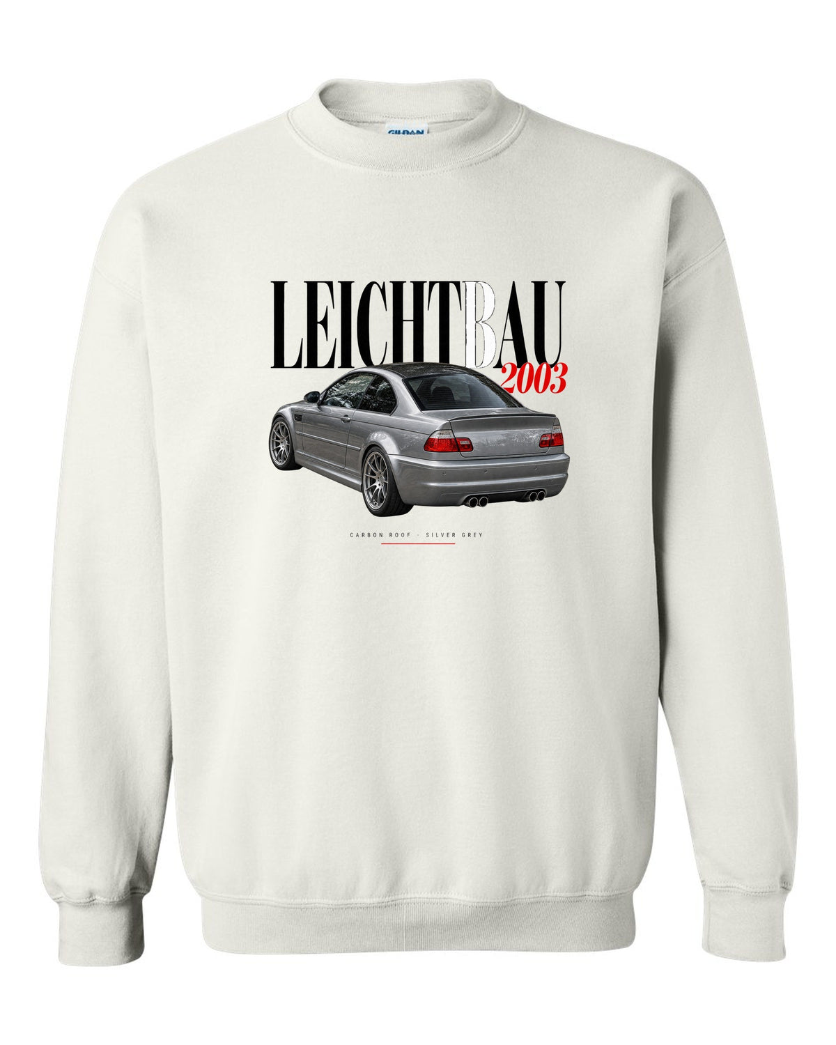BMW E46 M3 CSL 2003 editorial headline print with Leichtbau carbon roof Silver Grey text white crewneck front view with the design
