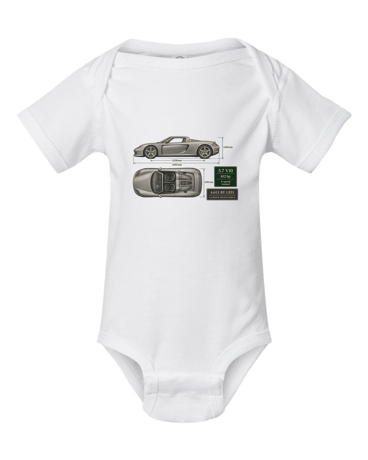 Porsche Carrera GT top view dimension blueprint print design white baby onesie front view with the design