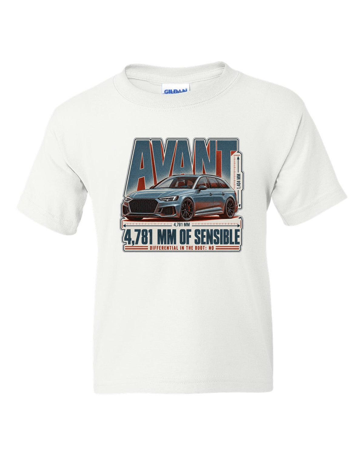 Audi RS4 Avant B9 halftone statement print with wagon text white kids tee front view with the design