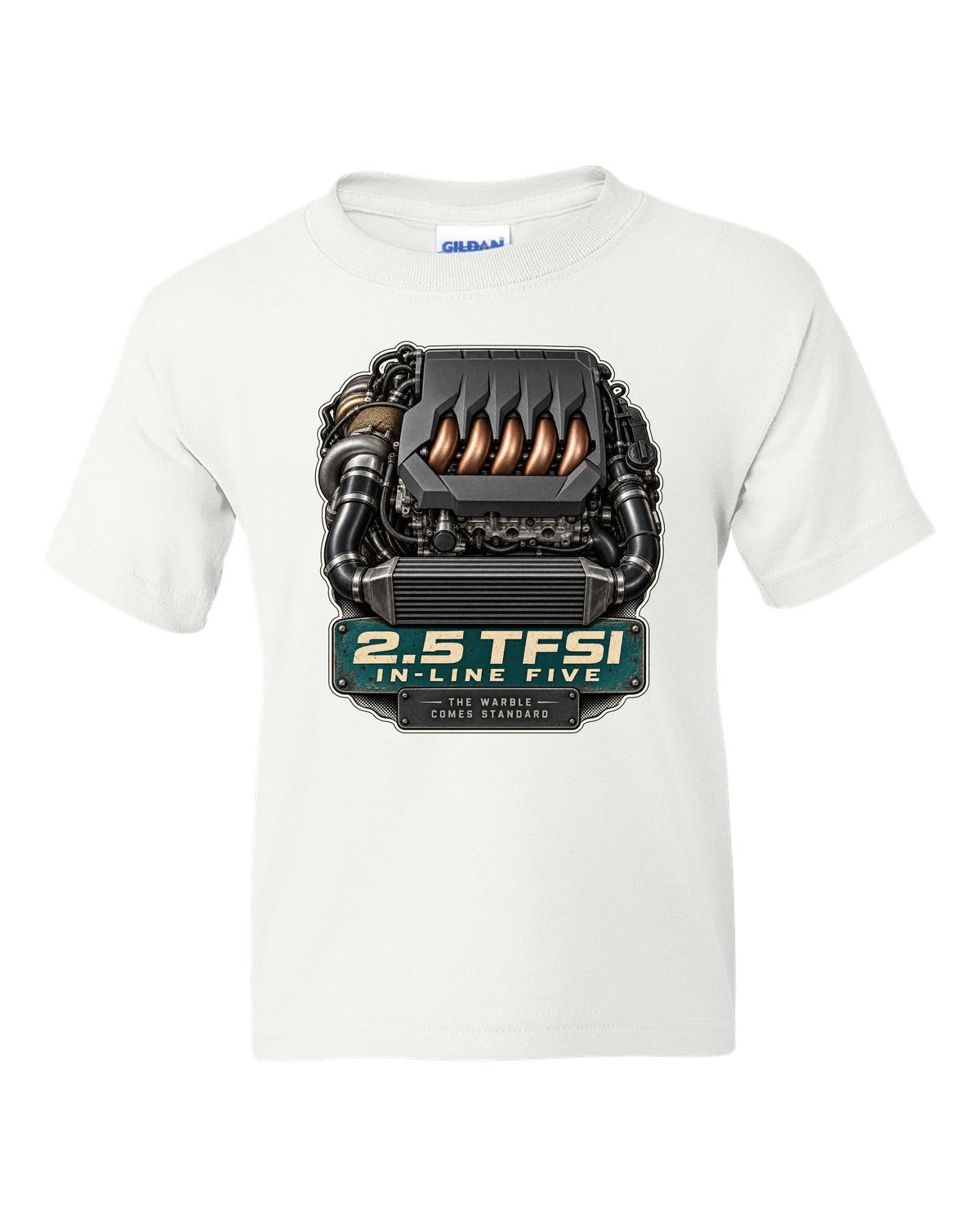 Engine bay print of the Audi RS3 8Y 2.5 TFSI in-line five white kids tee front view with the design
