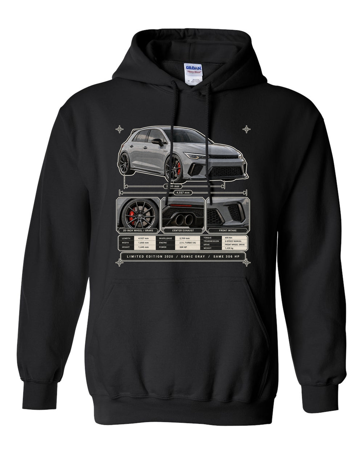 Dossier panel print of a Sonic Gray Pearl Honda Civic Type R FK8 Limited Edition black pull over hoodie front view with the design