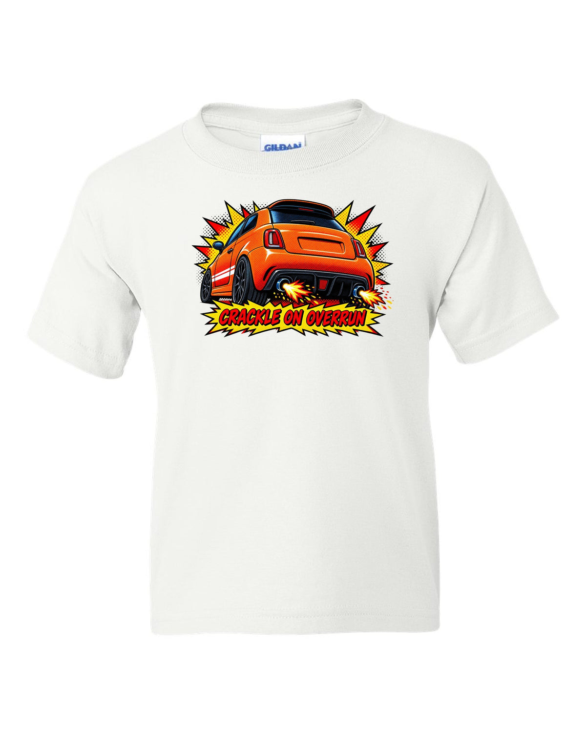 Comic halftone art of a Fiat 500 Abarth with crackle on overrun lettering white kids tee front view with the design