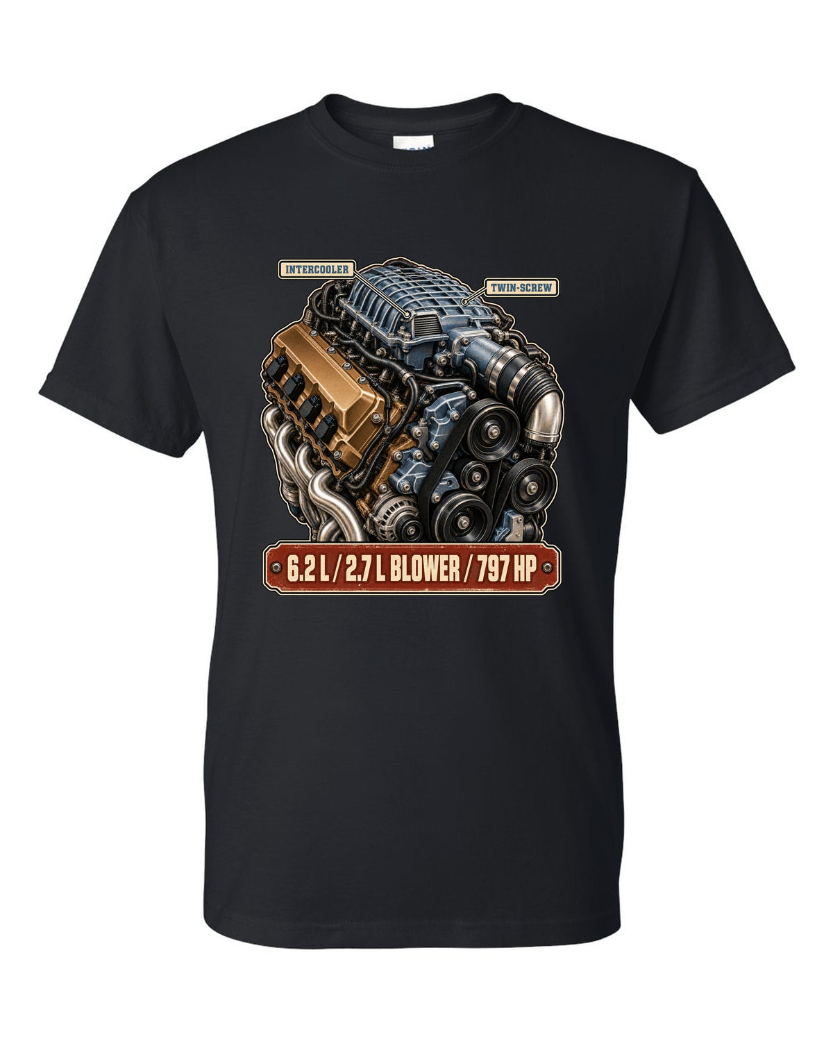 print of the supercharged 6.2L V8 from a Dodge Charger SRT Hellcat Redeye black t-shirt front view with the design