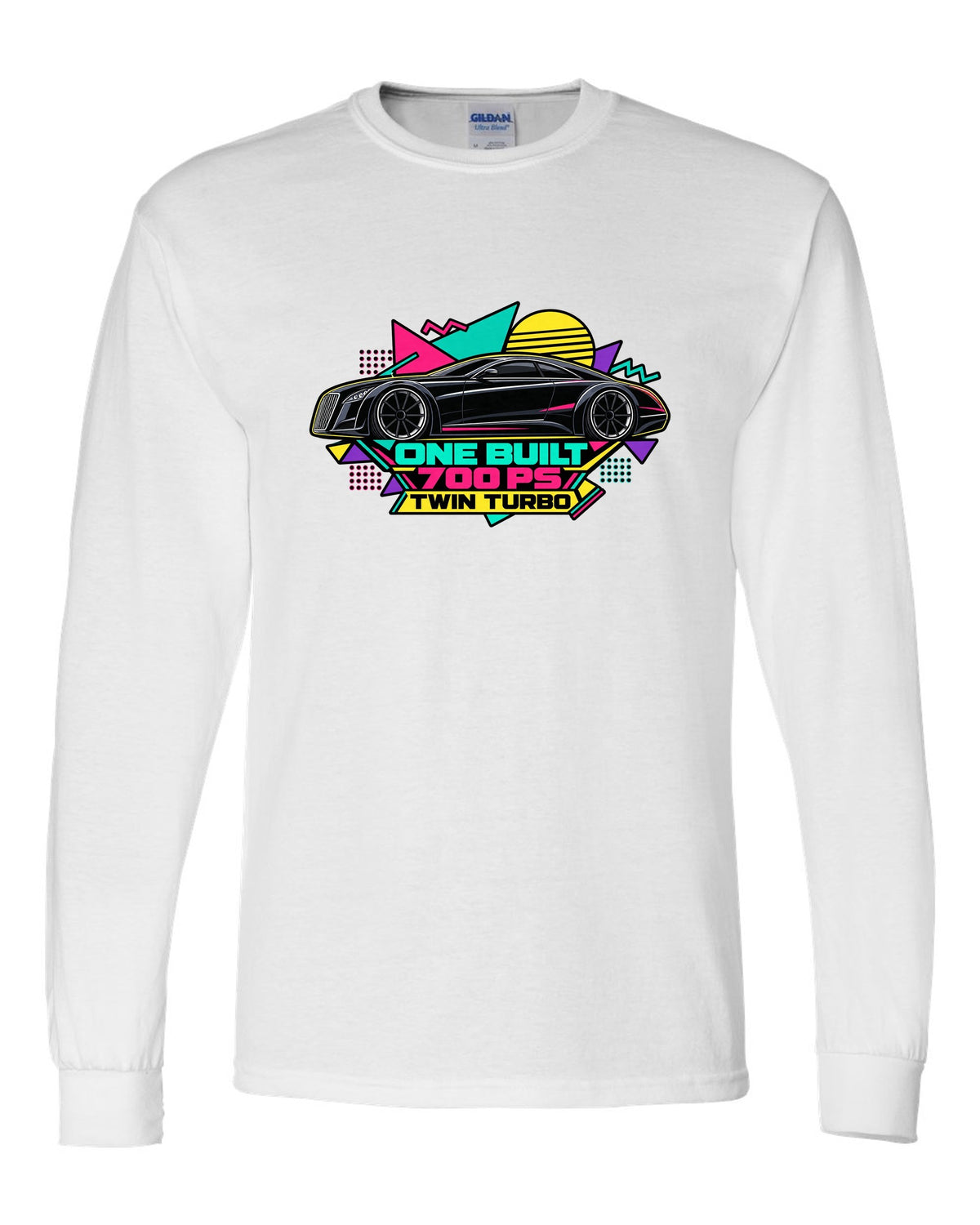 Retro Memphis style vector illustration of the one-off Maybach Exelero with One Built 700 PS Twin Turbo text white long sleeve front view with the design