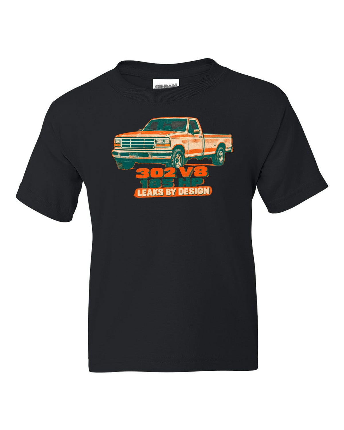Risograph-style art of a 1992-97 Ford F-150 OBS tailgate in mud with 302 V8 185 HP lettering black kids tee front view with the design