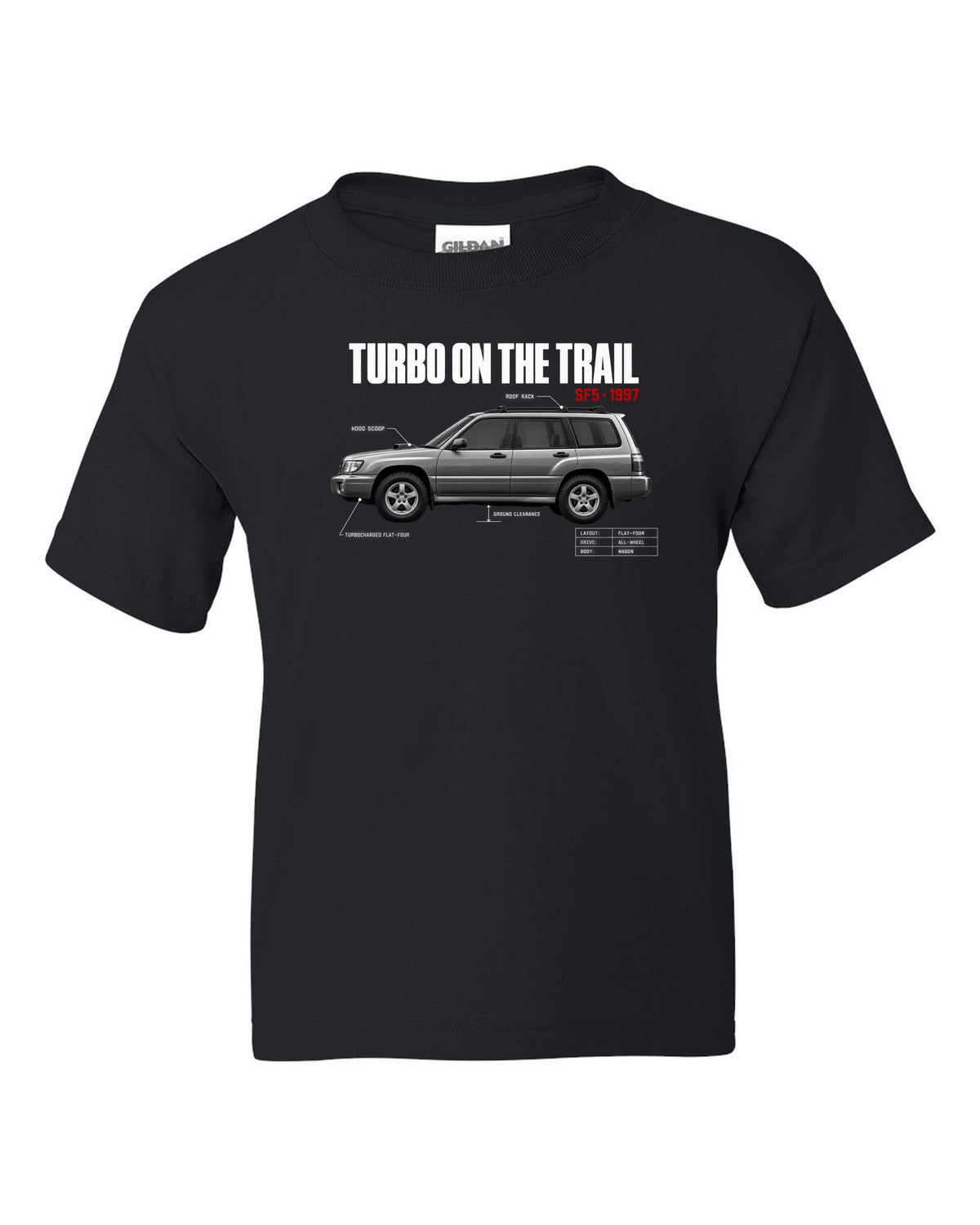 Spec poster print for the Subaru Forester SF5 reading Turbo on the Trail with hood scoop and roof rack details black kids tee front view with the design