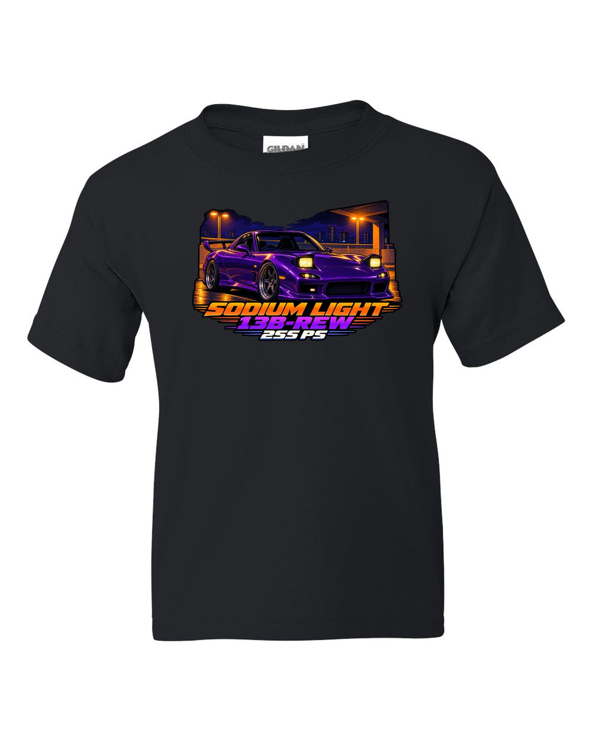 Cel-shaded 90s anime night print of a Mazda RX-7 FD3S with text Sodium Light, 13B-REW, 255 PS black kids tee front view with the design