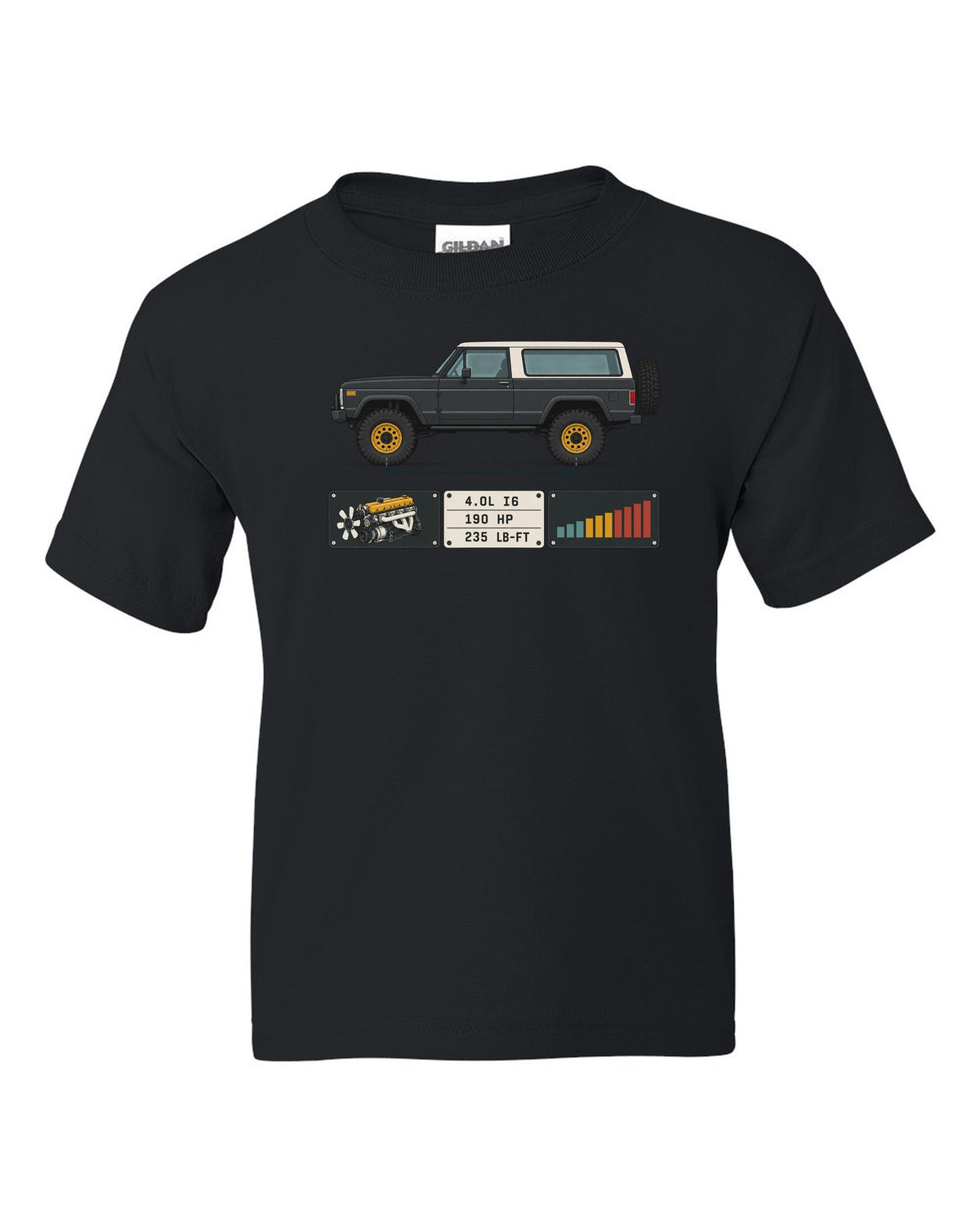 Jeep Wrangler LJ Unlimited spec sheet data plate design with 4.0L I6 190 HP 235 lb-ft black kids tee front view with the design