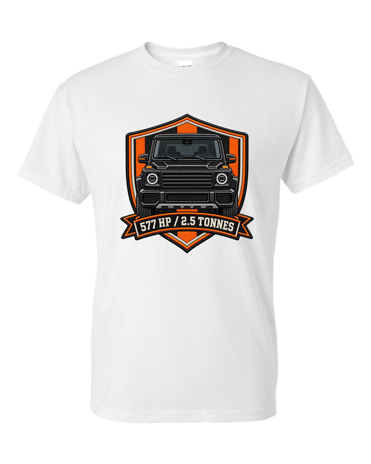 Ukiyo-e woodblock wave graphic with a boxy Mercedes G-Class W463, print white t-shirt front view with the design