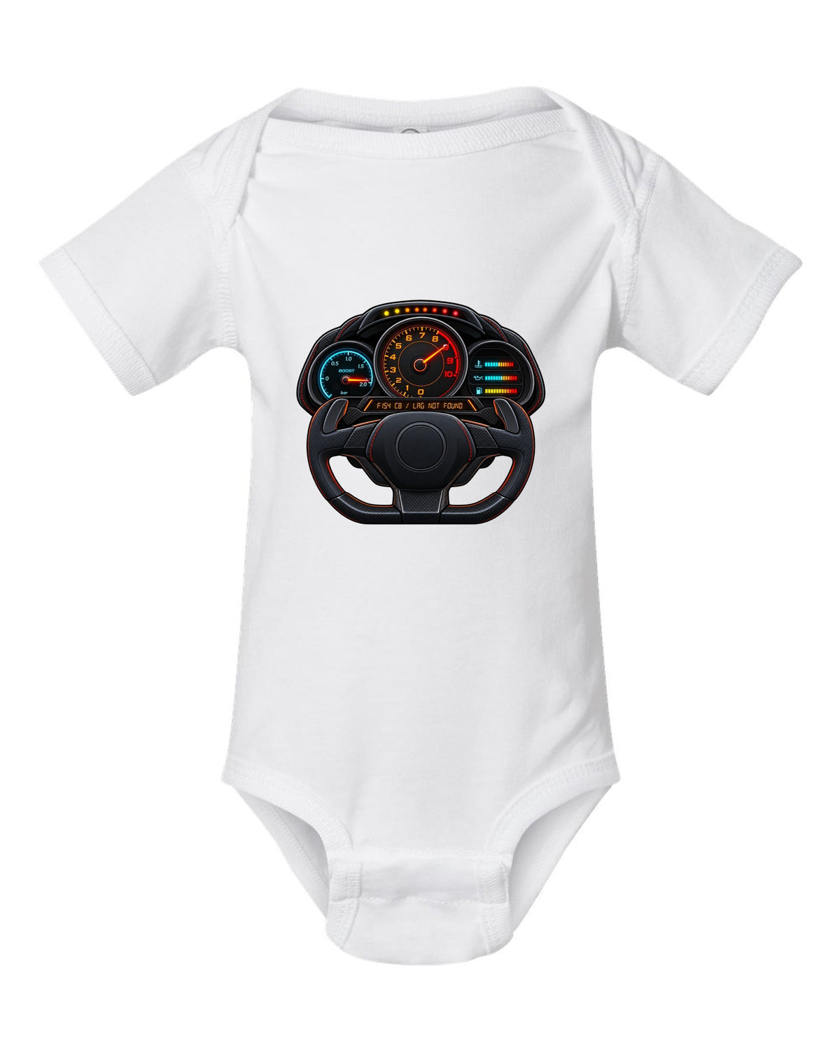Ferrari 488 GTB boost gauge cockpit print with F154 CB engine code white baby onesie front view with the design