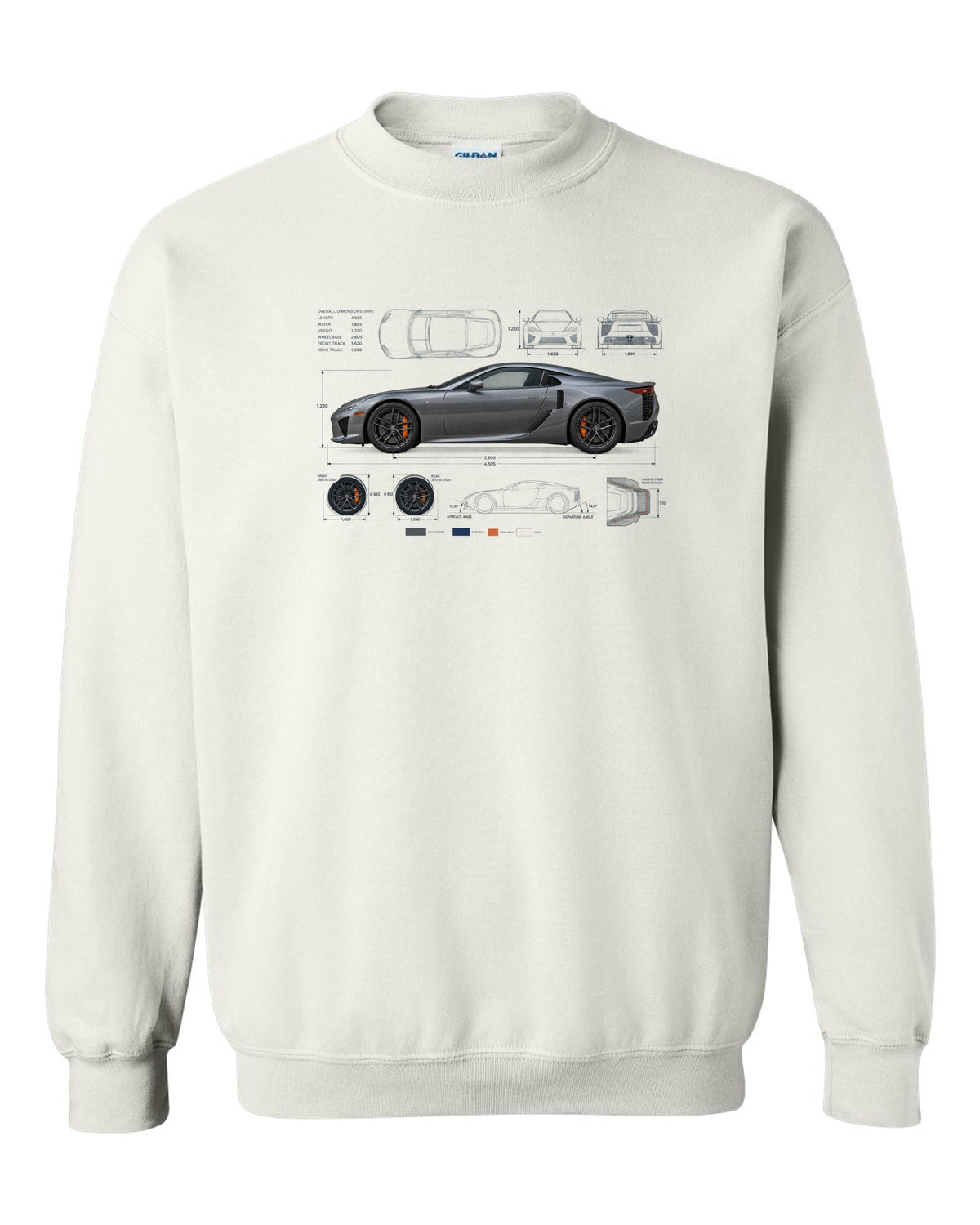 Blueprint style print of the Lexus LFA LFA10 with V10 spec lines white crewneck front view with the design