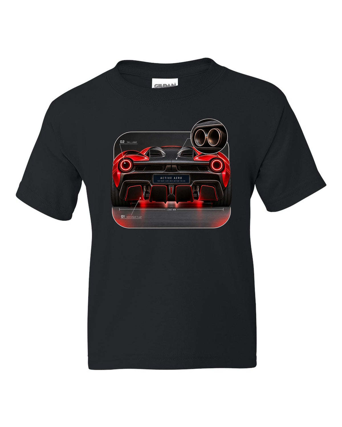 Ferrari LaFerrari taillight macro print with active aero caption black kids tee front view with the design
