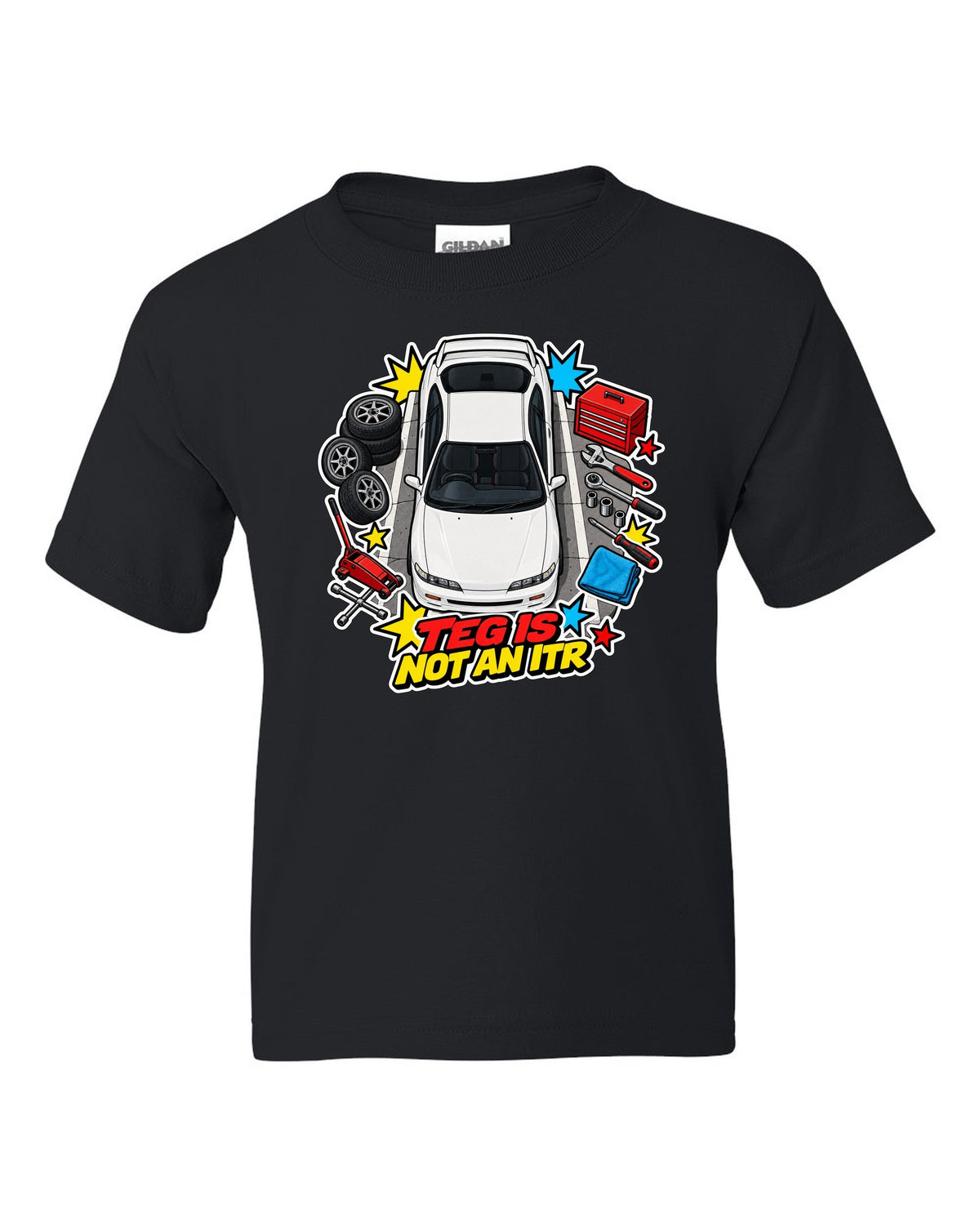 Retro Showa catalogue ad style print of a 2002 Honda Integra DC5 ch with K20A six speed text black kids tee front view with the design