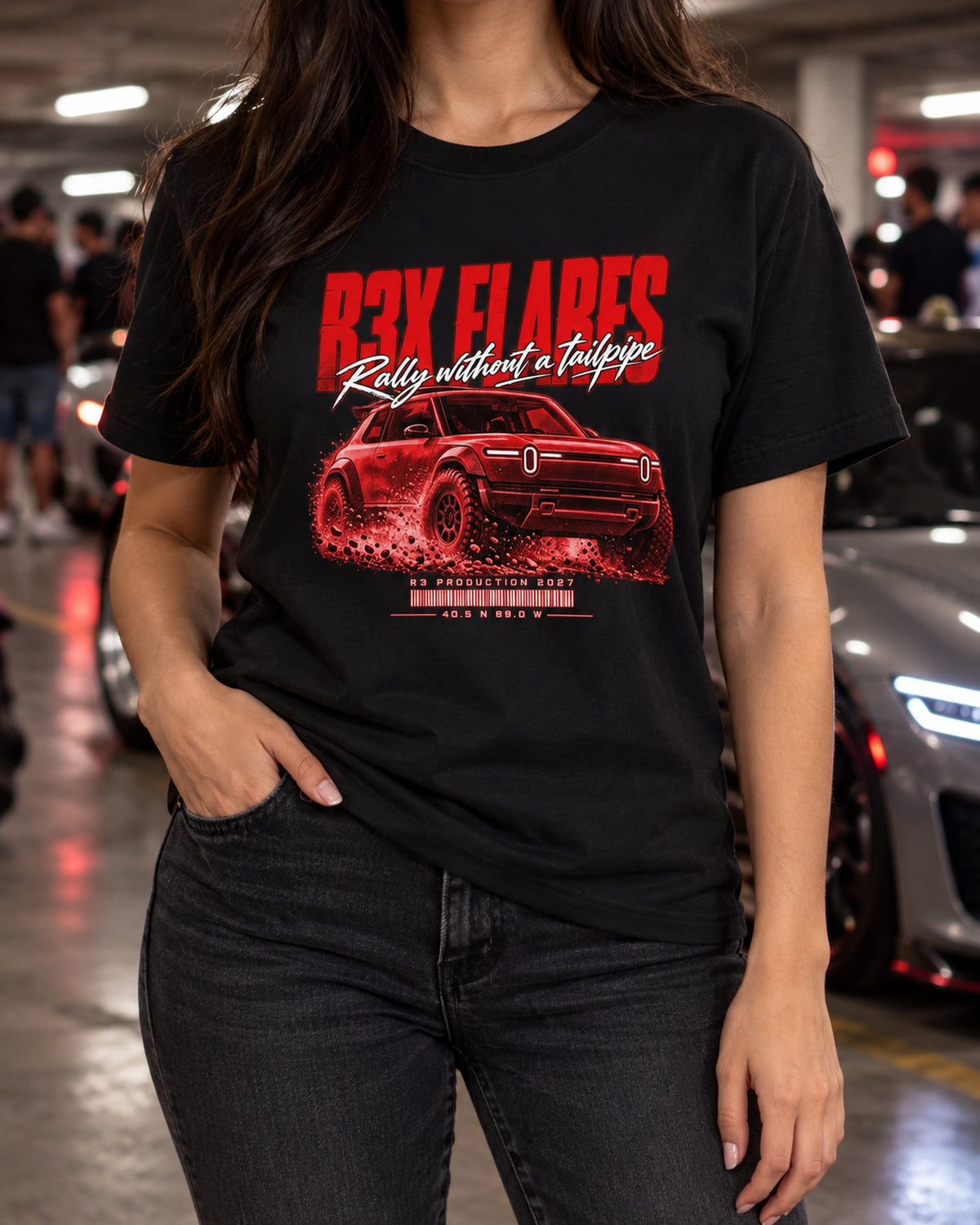 Rivian R3X Rally Poster Shirt, Rally Without a Tailpipe T-Shirt Black worn hero