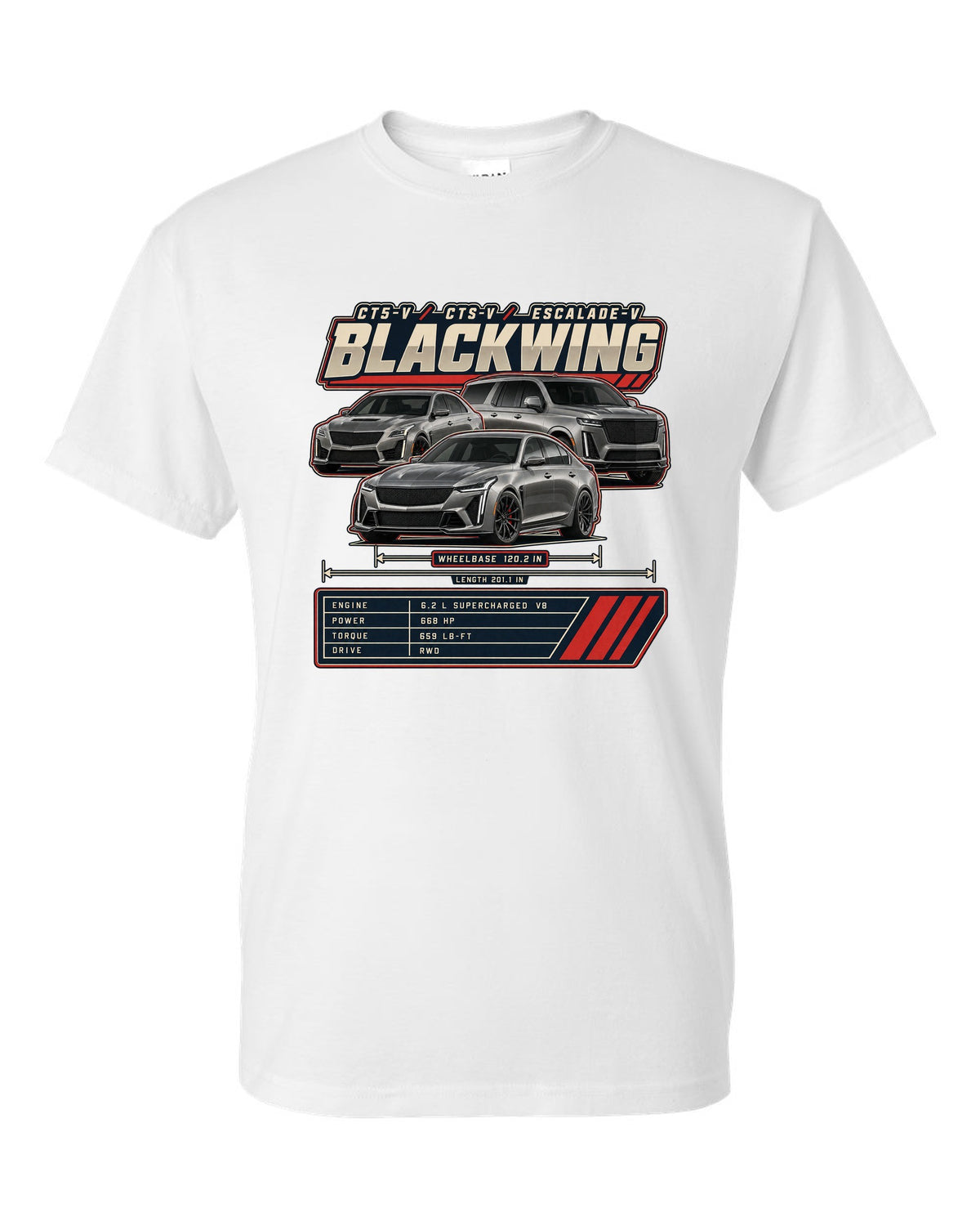 Spec poster print of a Dodge Charger SRT Hellcat Redeye Widebody white t-shirt front view with the design