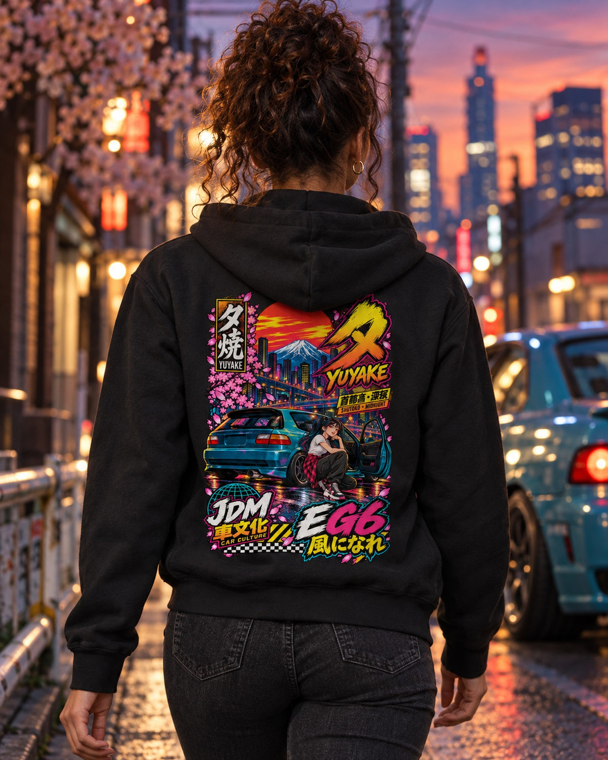 YUYAKE EG6 Anime Girl Full-Back Graphic Tee Zip Hoodie Black worn hero